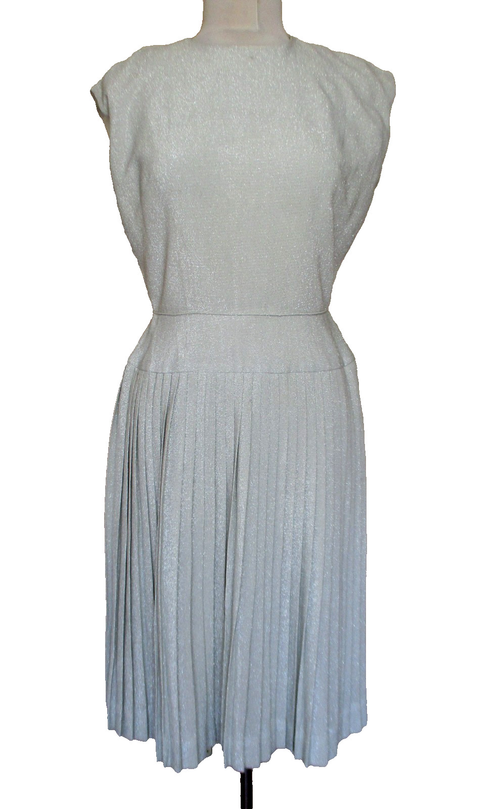 Vintage 50s/60s Joe Forman Silver Lame’ Sleeveless Dress XS/S Women Pleat Skirt
