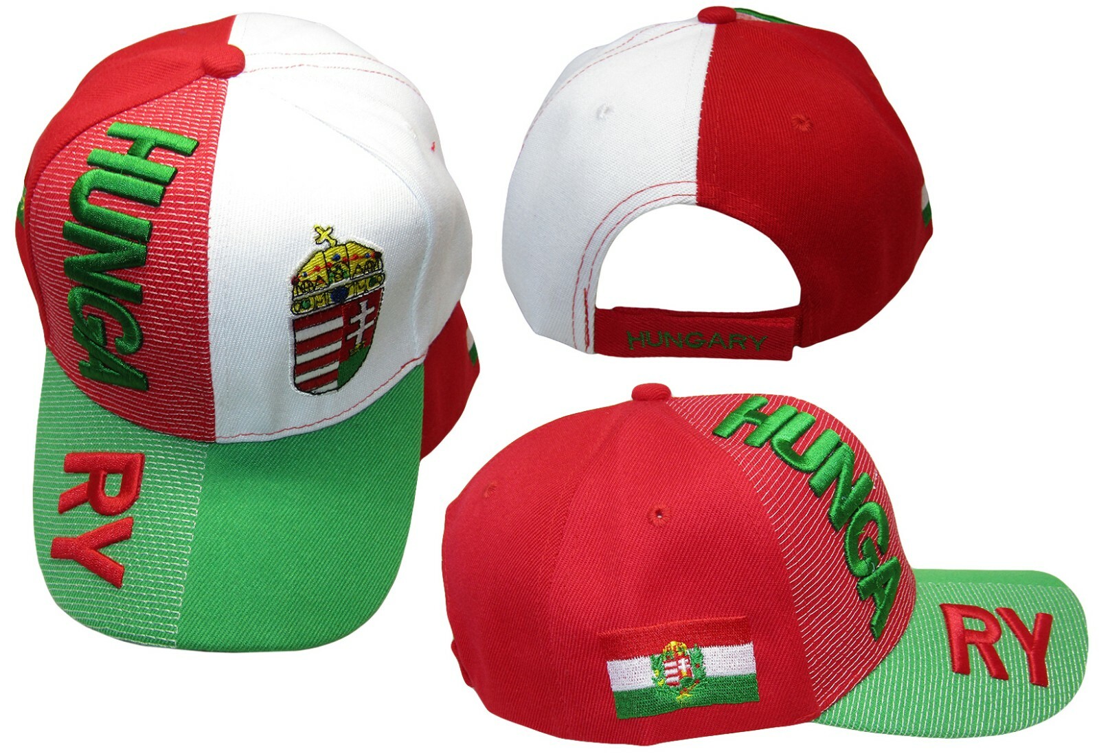 Hungary Country Green Red White Letter 3-D Patch On Side Embroidered Hat Cap