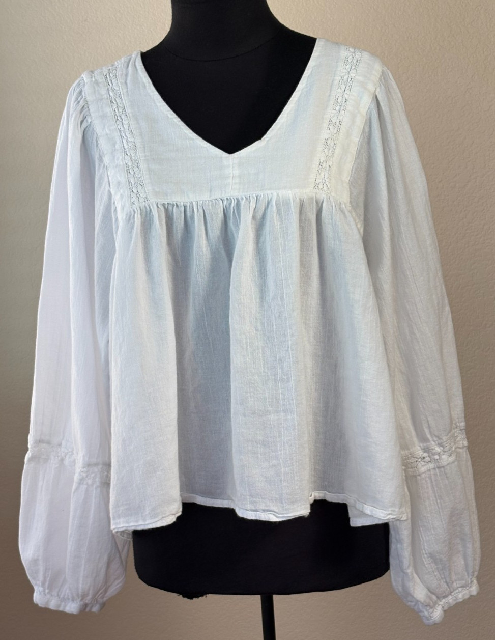 Women’s White Cotton Peasant Blouse XL Boho Balloon Sleeve Lace Trim Cottage