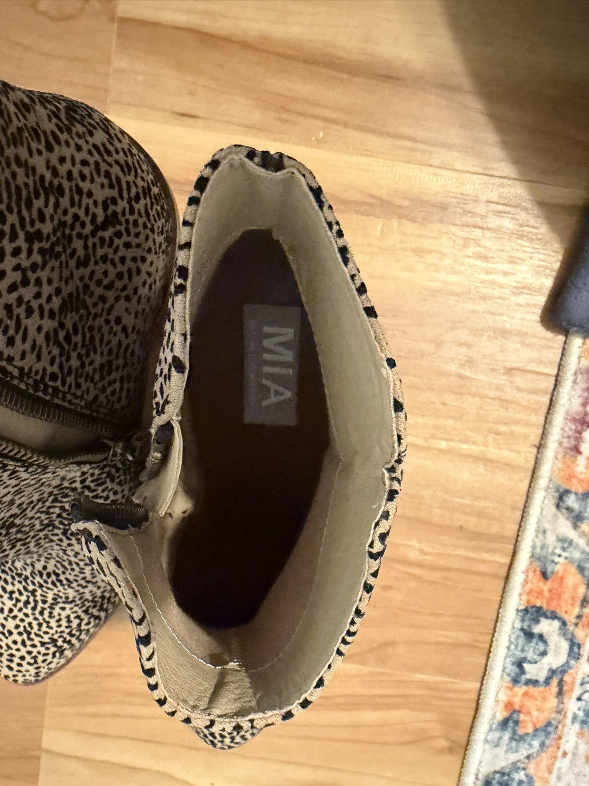 MIA Spotted High Heel Ankle Booties 7.5 Side Zip Stacked Heel Almond Toe