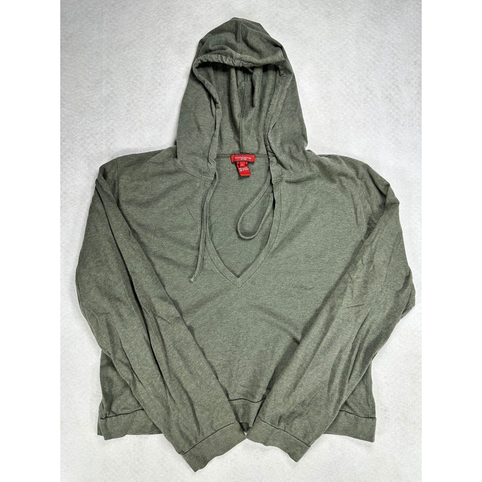 Sundance Olive Green V-Neck Hoodie Pullover 100% Cotton XL Womens Top