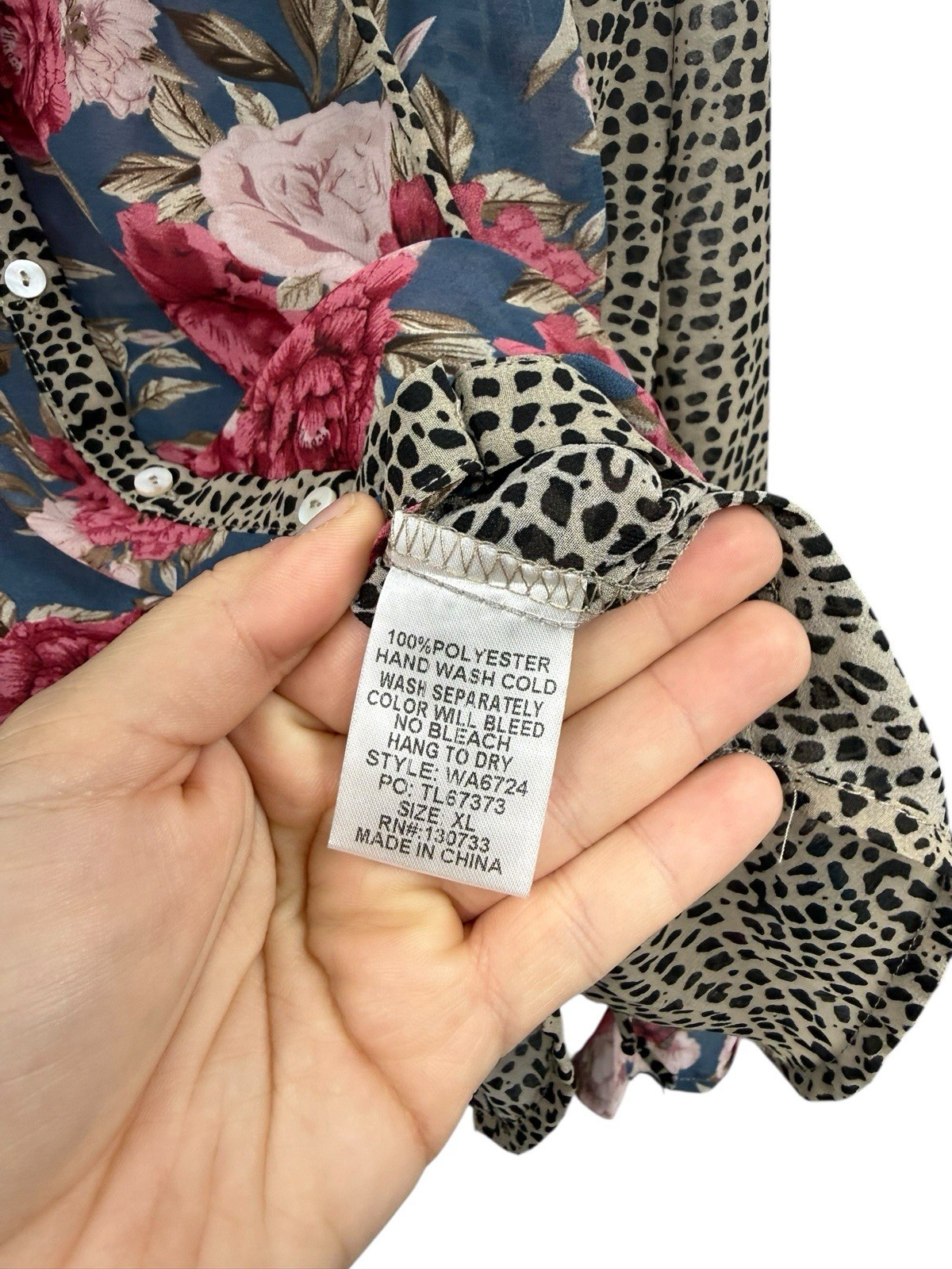 Umgee USA Floral Cheetah Chiffon Button Up Blouse Lightweight Womens XL