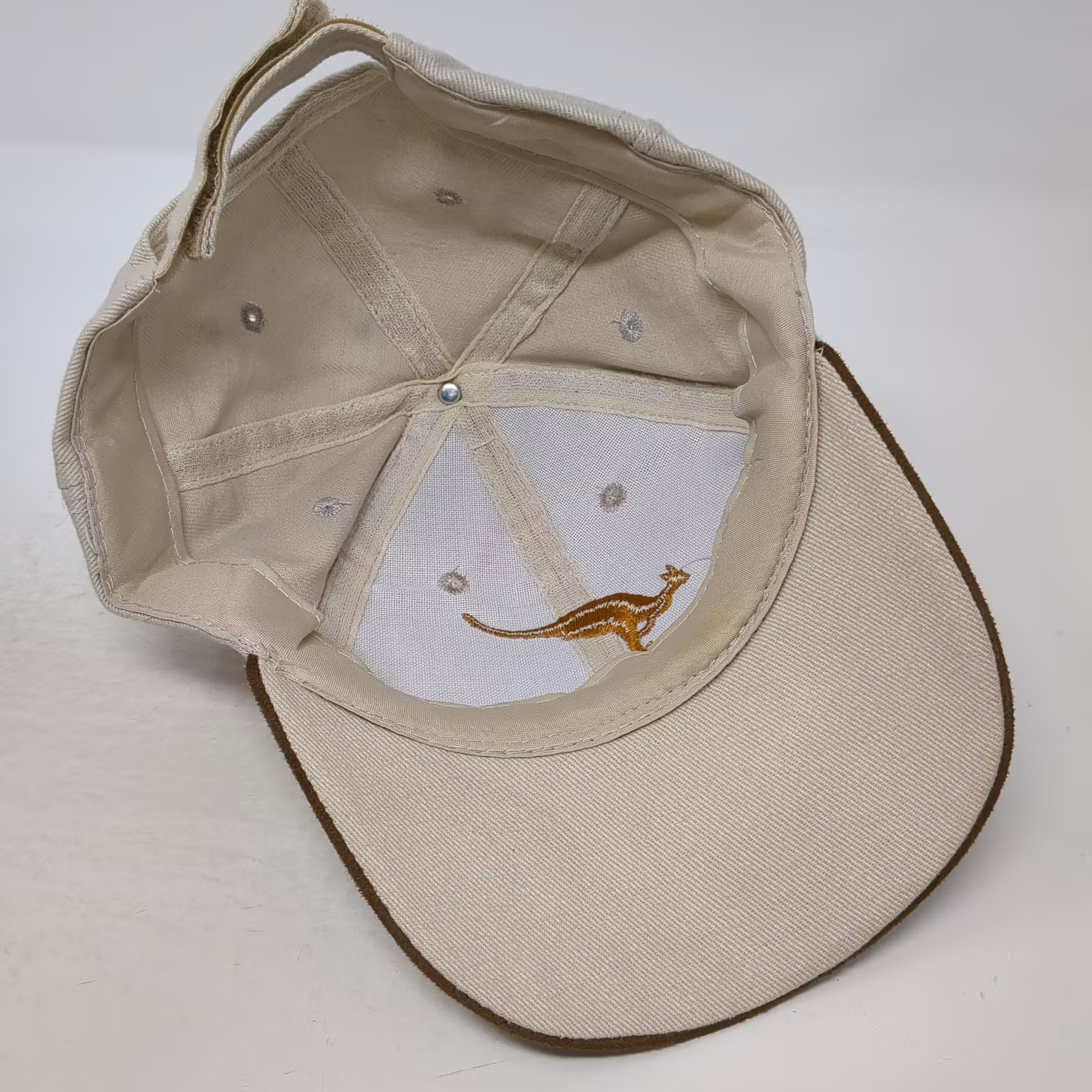 Beige Brown Baseball Cap Hat Gold Embroidered Kangaroo OS Strapback Suede Brim