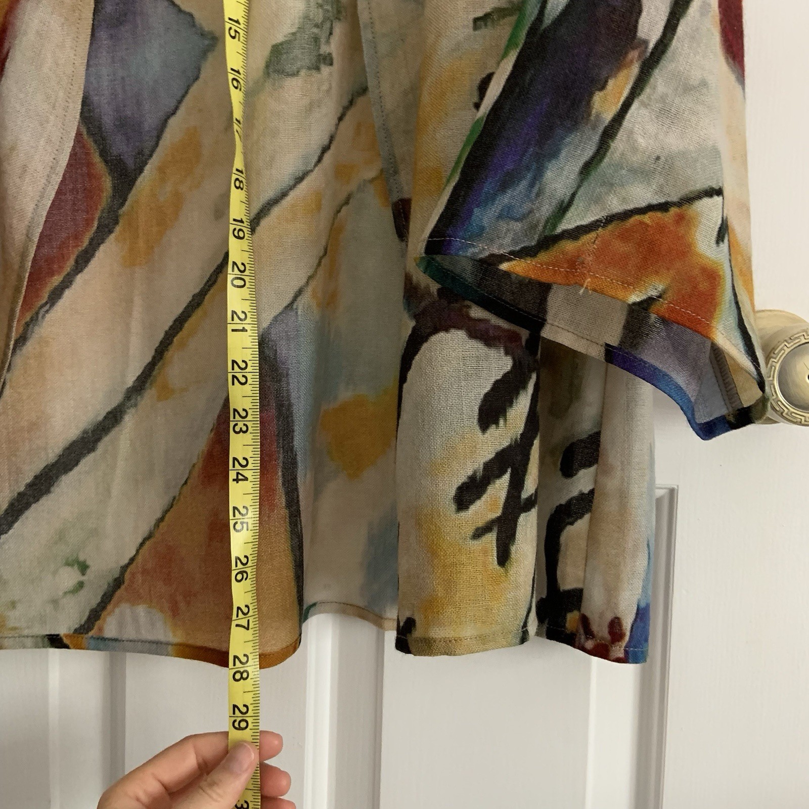 Tao House Open Cardigan 100% Sheer Wool L/XL Hand Printed Abstract *Sm FLAW