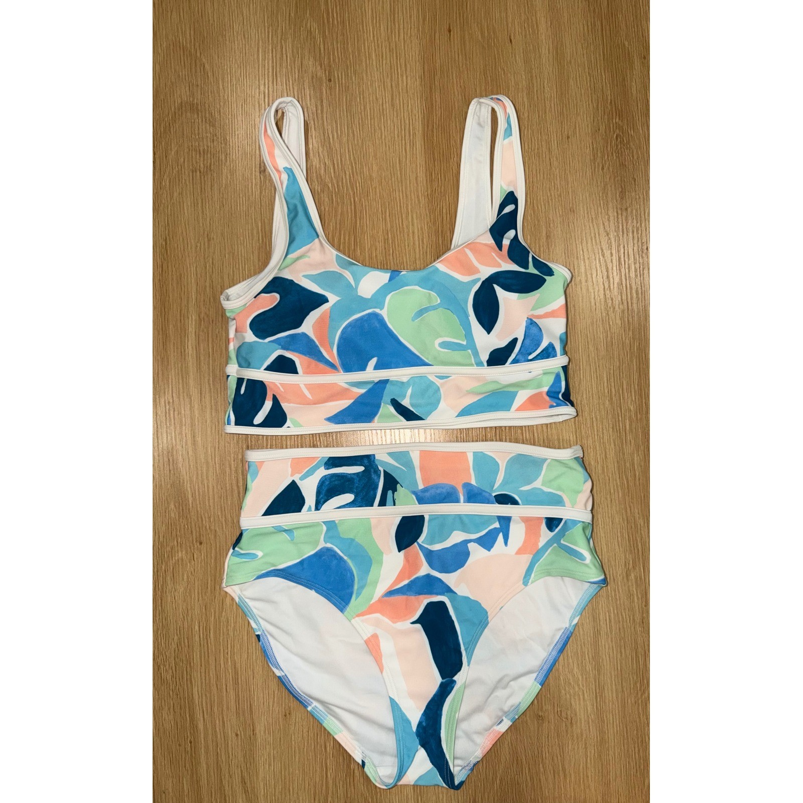 Old Navy Womens Blue Tropical Leaf Print High Waisted Two Piece Swimsuit