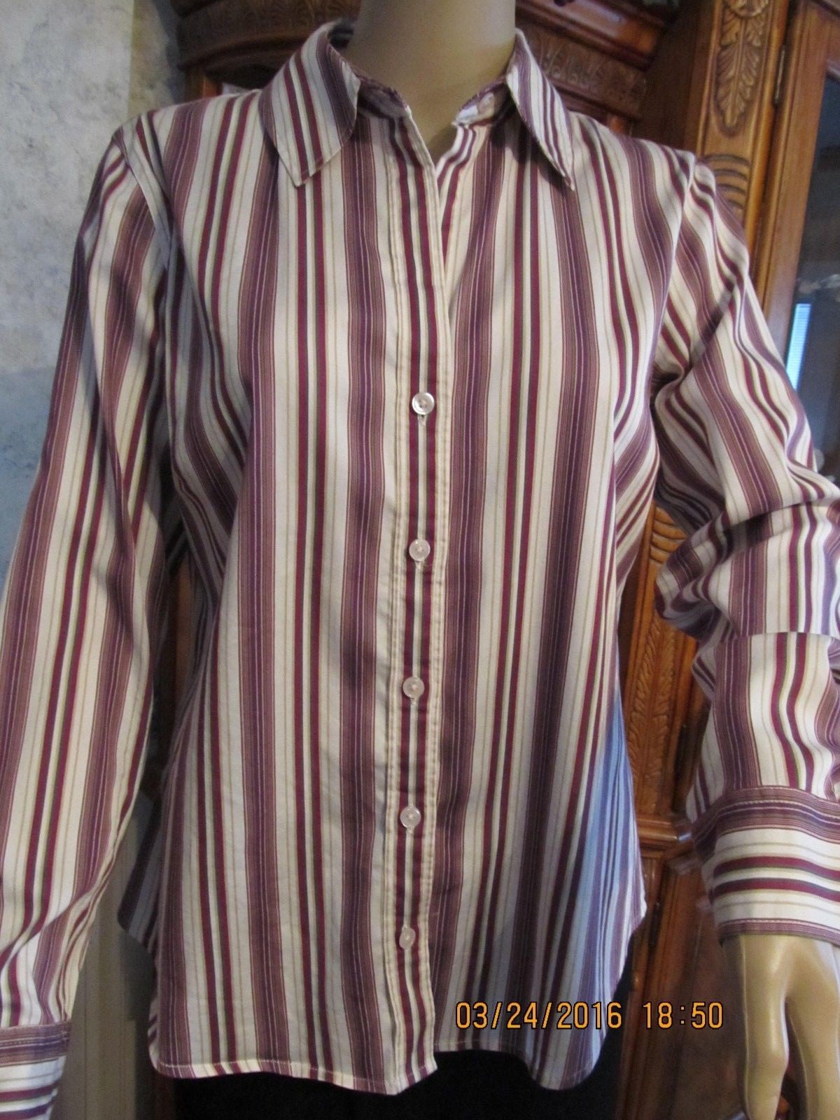NICE “CHICO’S” WASHABLE COT/NYLON/SPAN BUTTON UP WHITE/TAN/MAGENTA BLOUSE-SZ 1