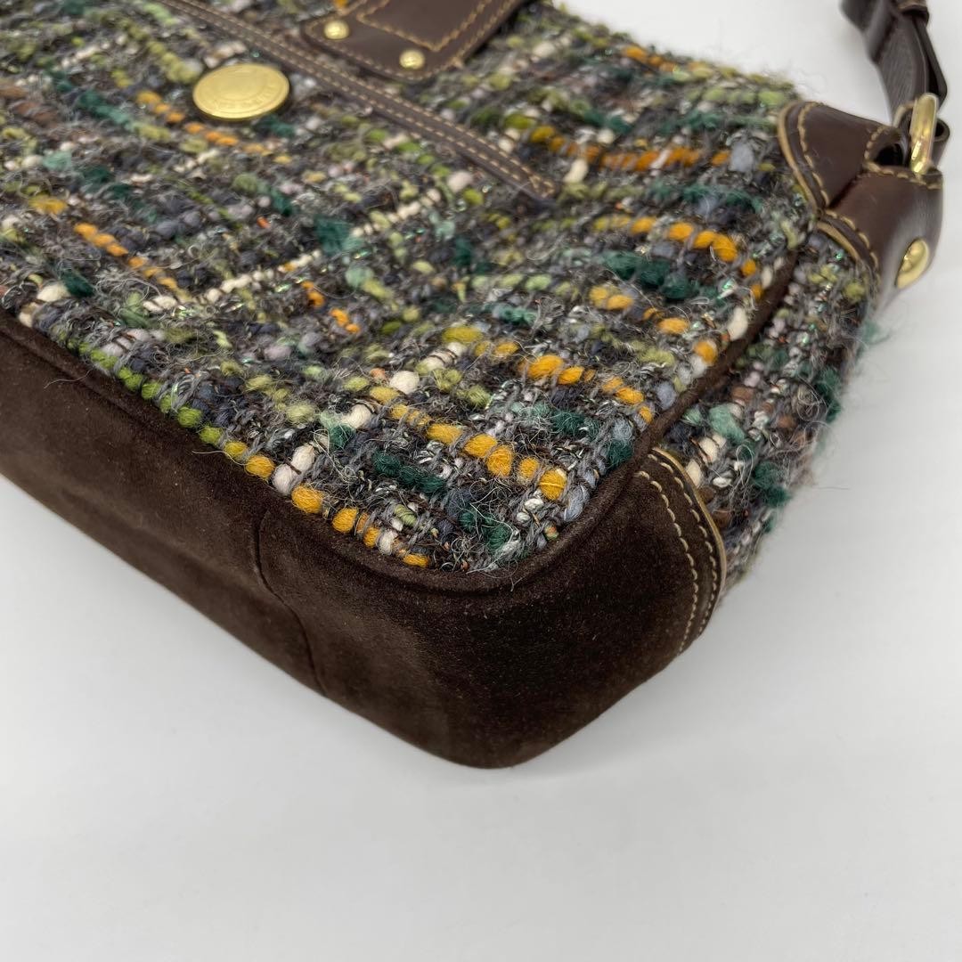 COACH 8F18 Shoulder Bag Handbag Wool Leather Suede Multicolor Brown Green Blue