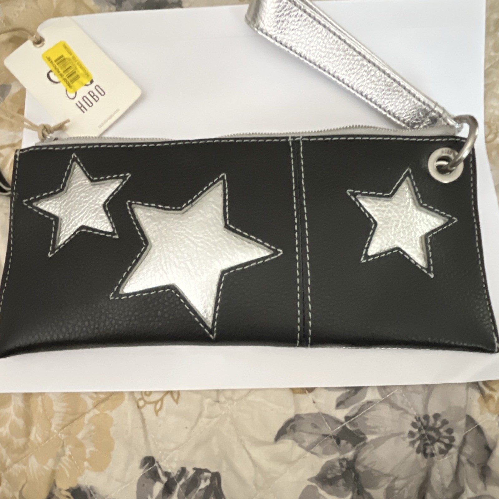 HOBO Silver/Black Star Wristlet Wallet, Zip, Wrist Strap, Credit Card Slots