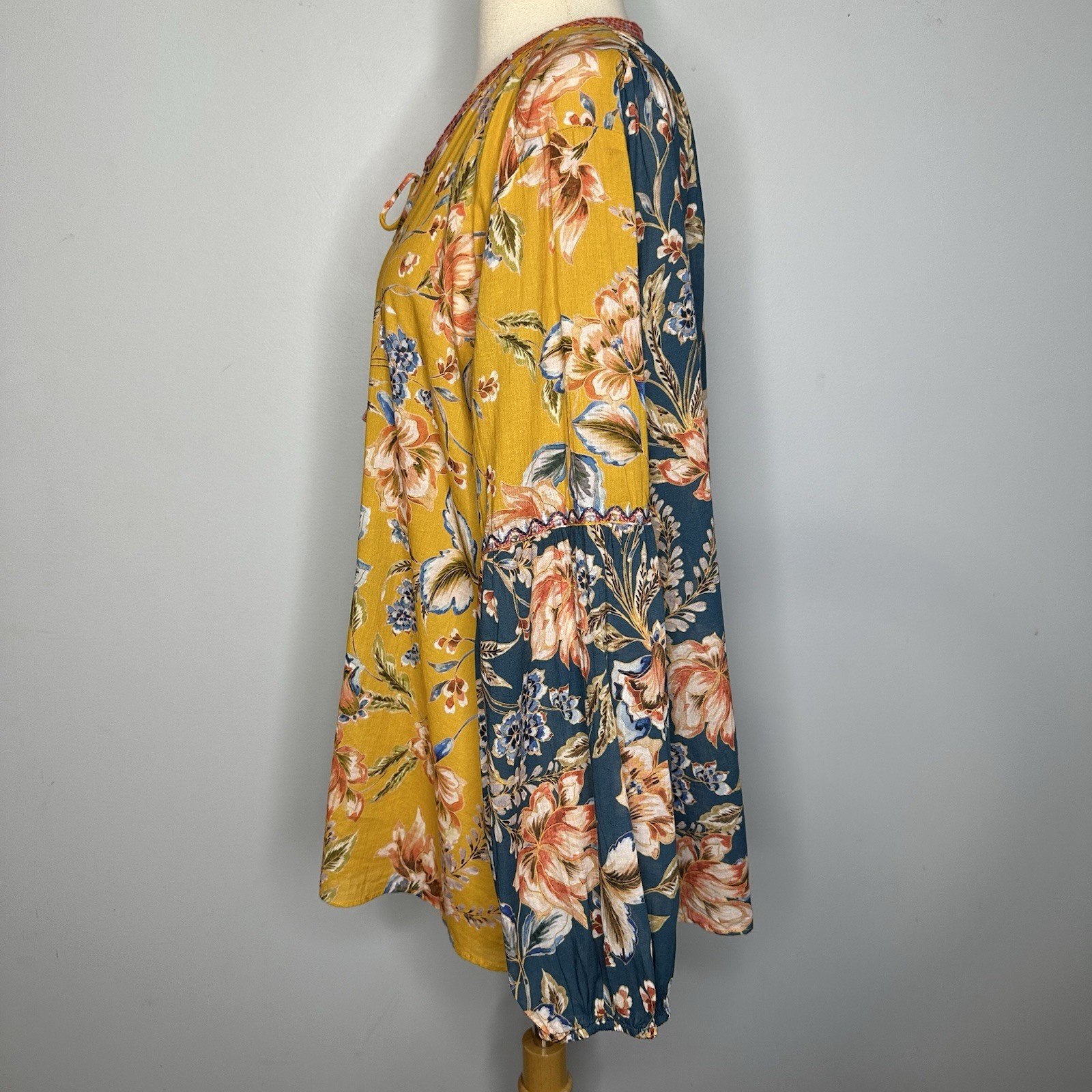 Johnny Was Effortless Peasant Blouse 100% Cotton Mustard Floral Multi Top L/XL