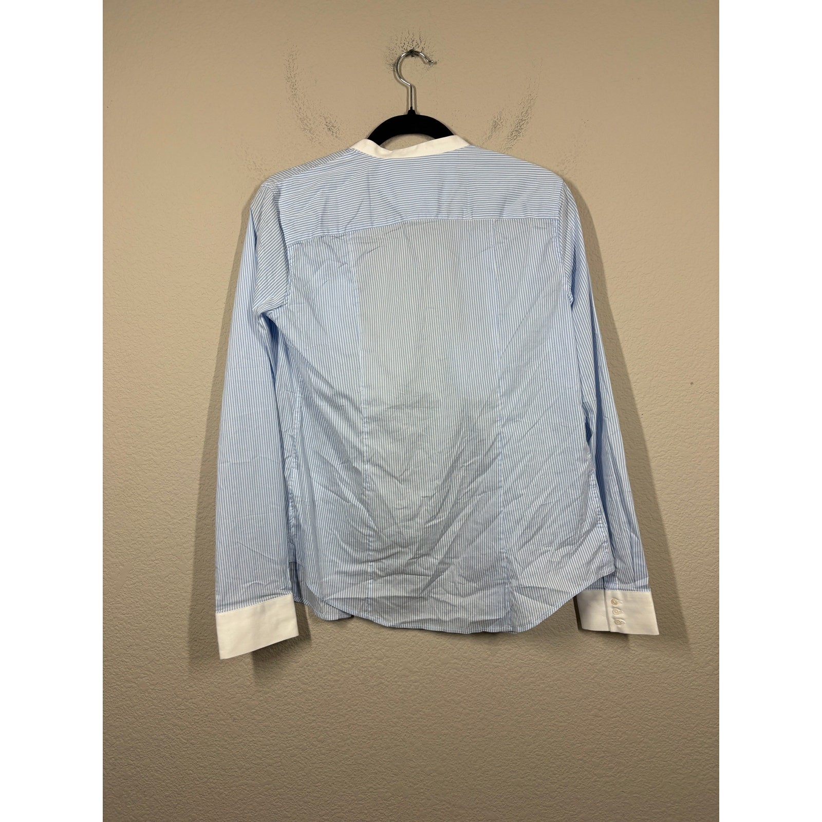 Les Canebiers Large Flat Collared Button Up Shirt Sky Blue Striped Cotton Blend