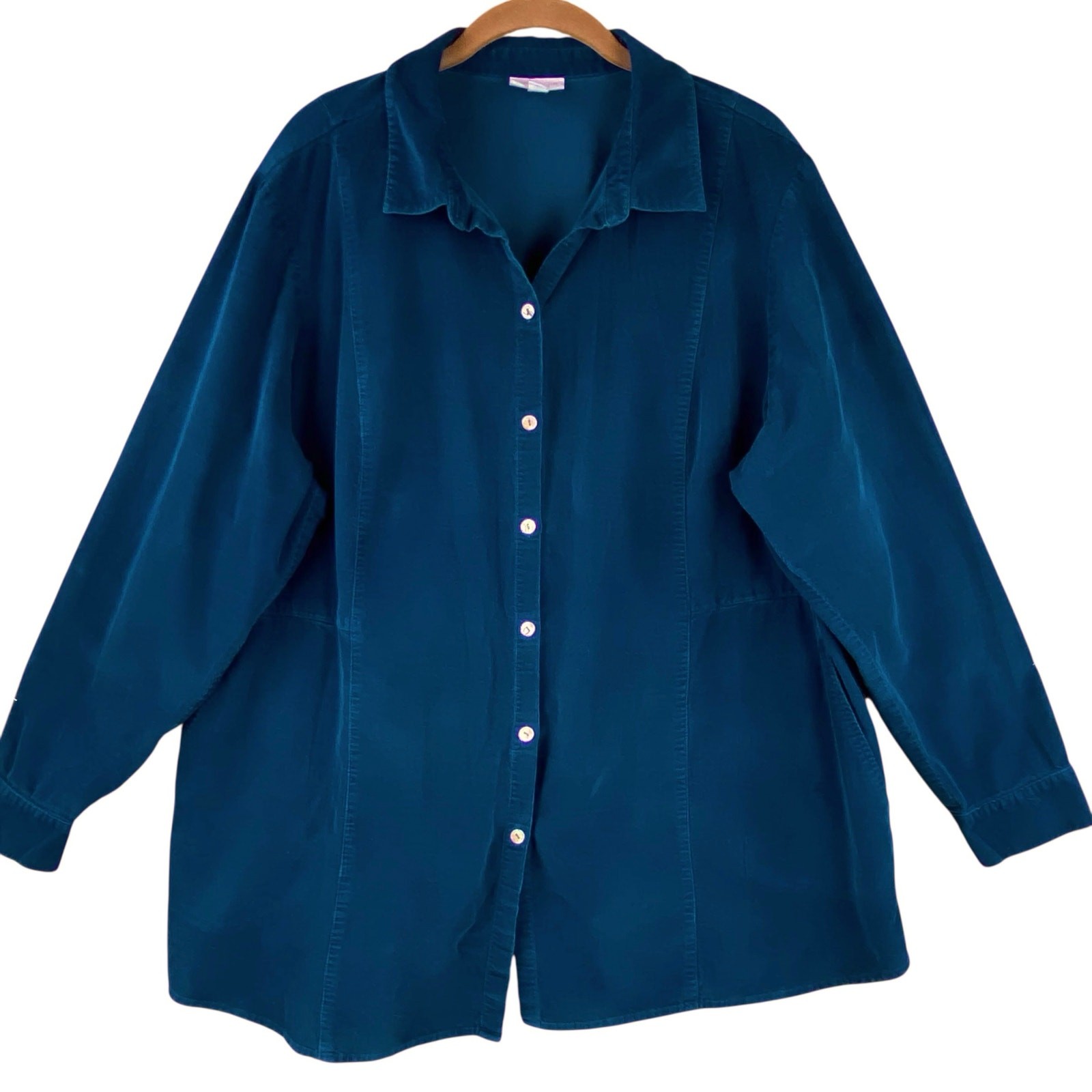J Jill Corduroy Shirt Tunic Size 2X Teal Lightweight Button Front Cotton