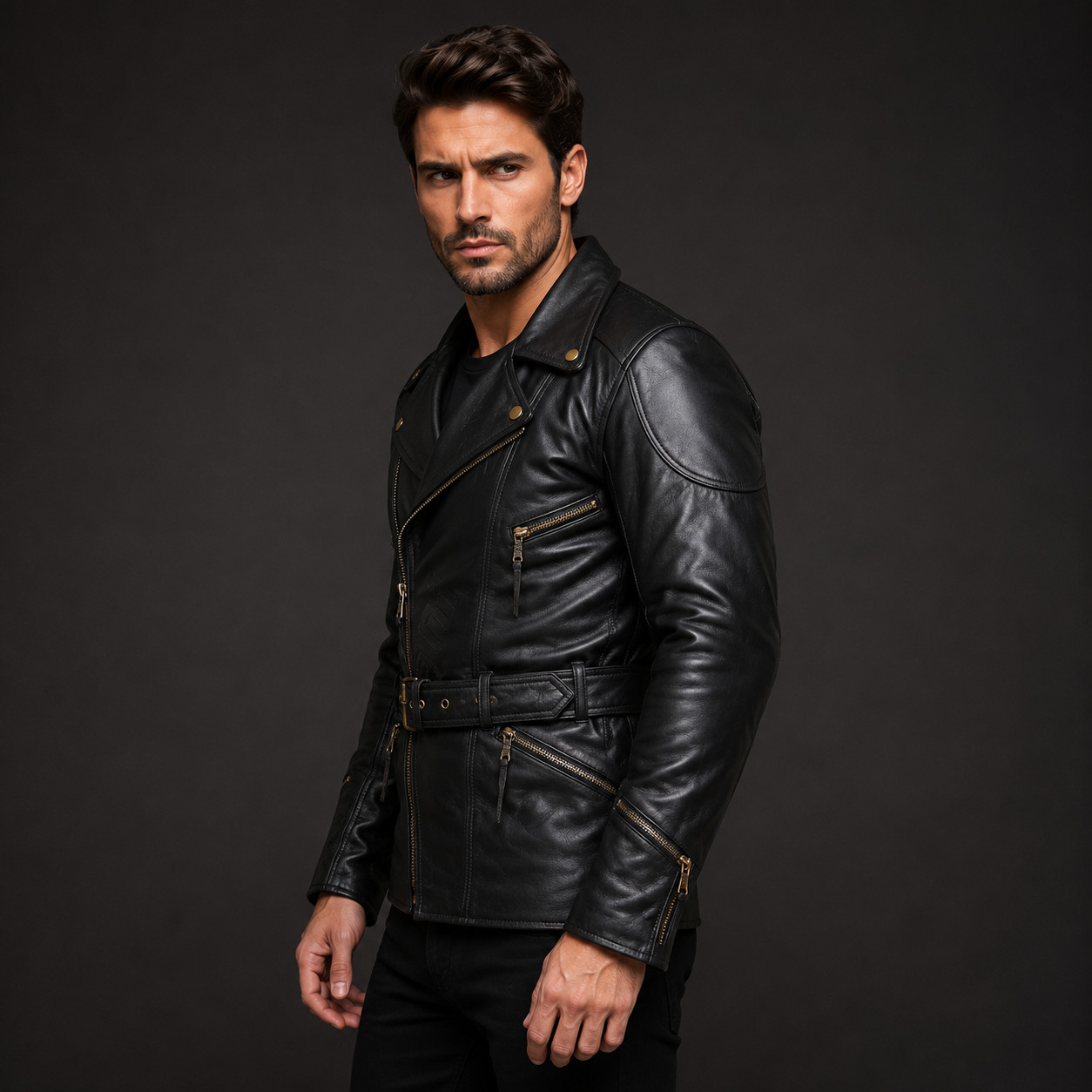 Men’s Black Long Leather Biker Jacket – Premium Motorcycle Coat with Belted