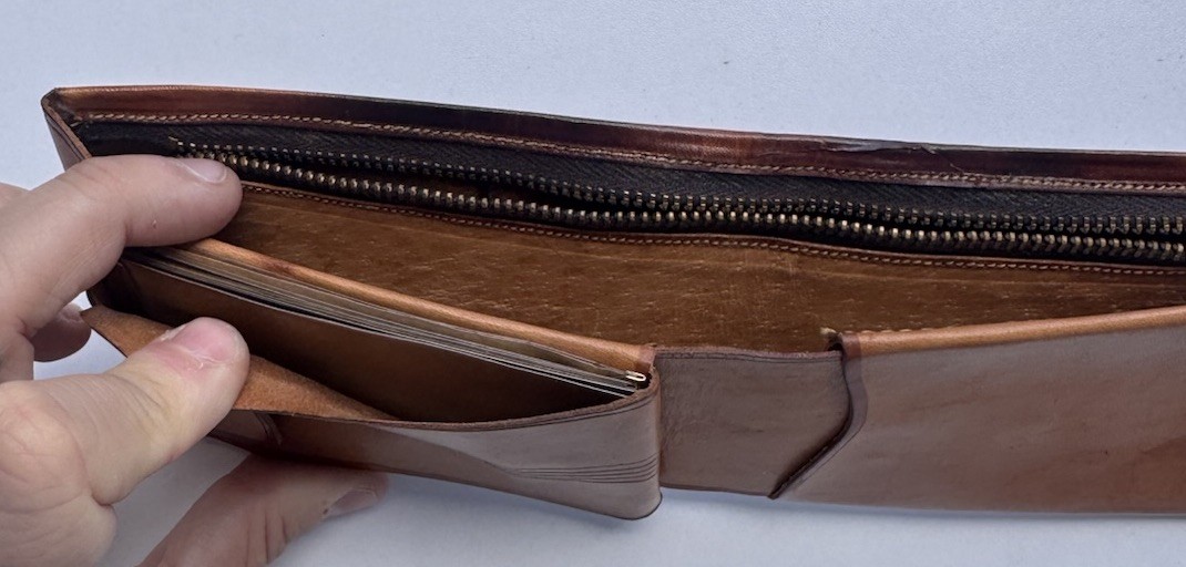 Brown Tooled Folding Wallet with Zip Compartment Snap & Slots