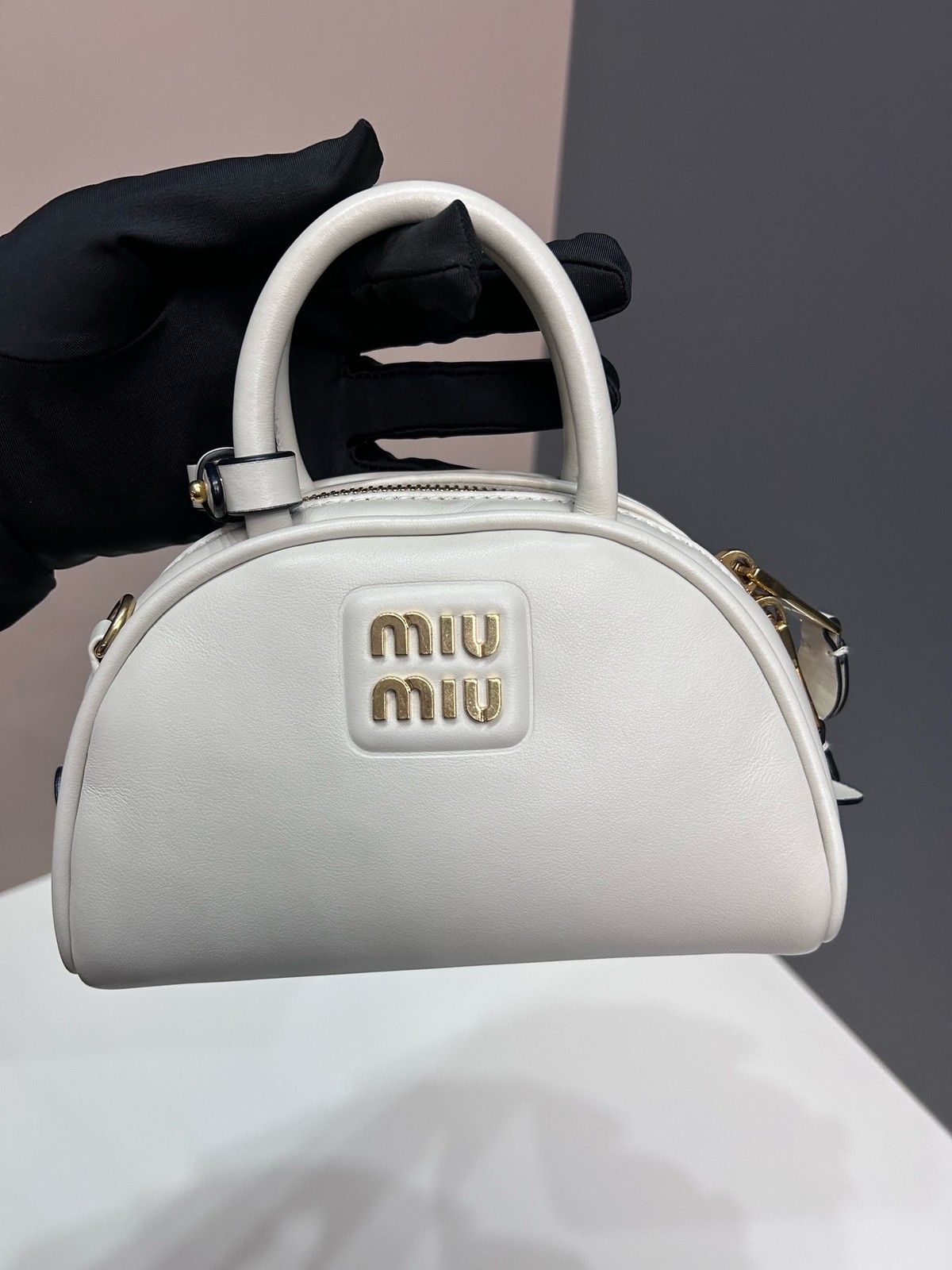 Authentic Preowned Miu Miu Mini Dome White Leather W/ Detachable Crossbody Strap