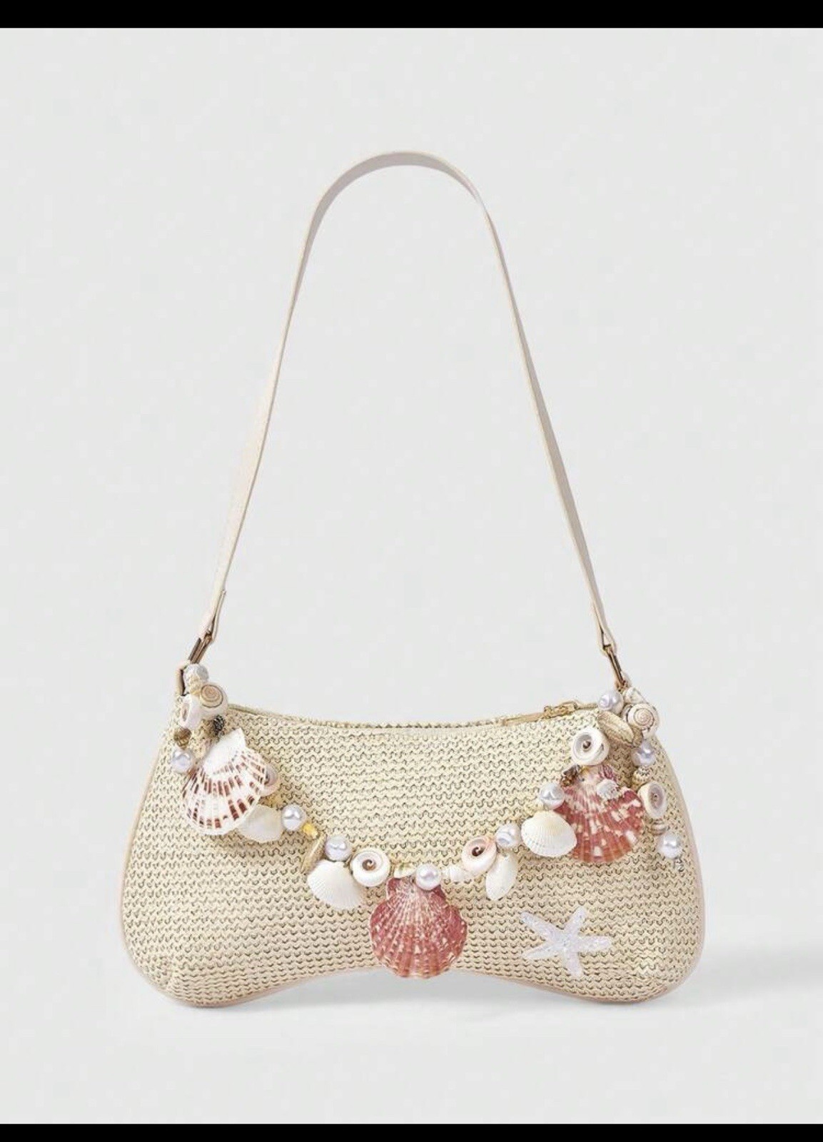 Woven Straw Inspired Crescent Shoulder Bag with Shell Pearl Starfish Accents