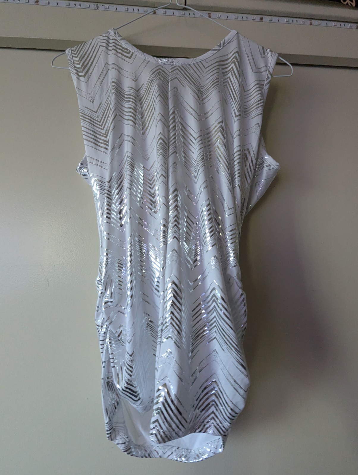 City Halo Geometric Cowl Neck Sleeveless Sheath Dress White/Silver Foil XL