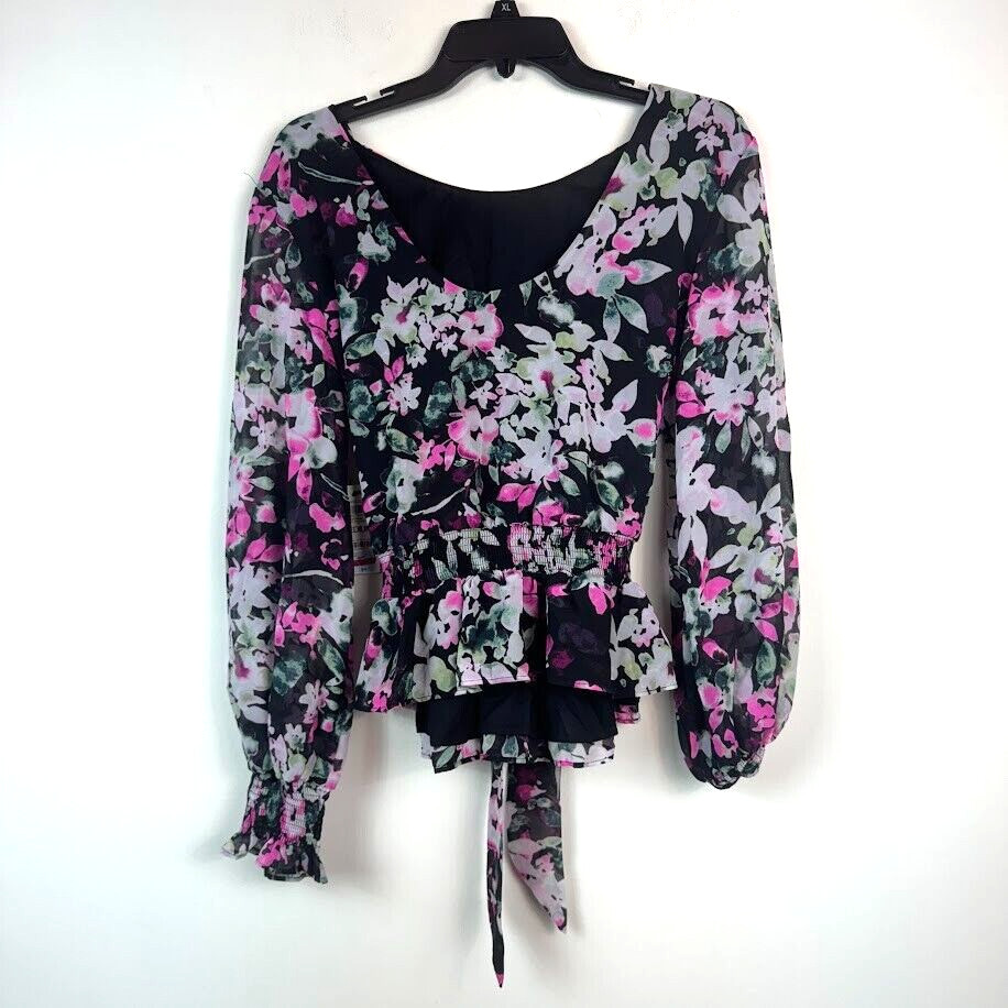 Bar III Womens M Farah Facade Black Floral Long Sleeve Peplum Tie Top NWT Z18