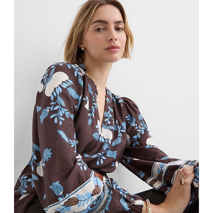 Loft Petites Oversized Easy Fit Floral Top Brown Blue Ruffle Neck XXSP