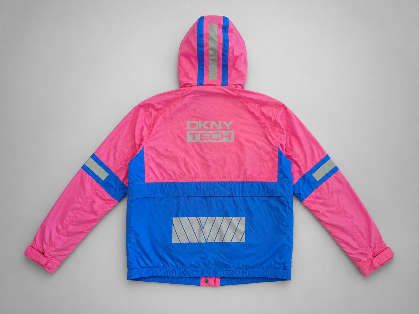 Y2K DKNY Tech Womens Pink Blue Colorblock Hooded Full Zip Jacket Reflective