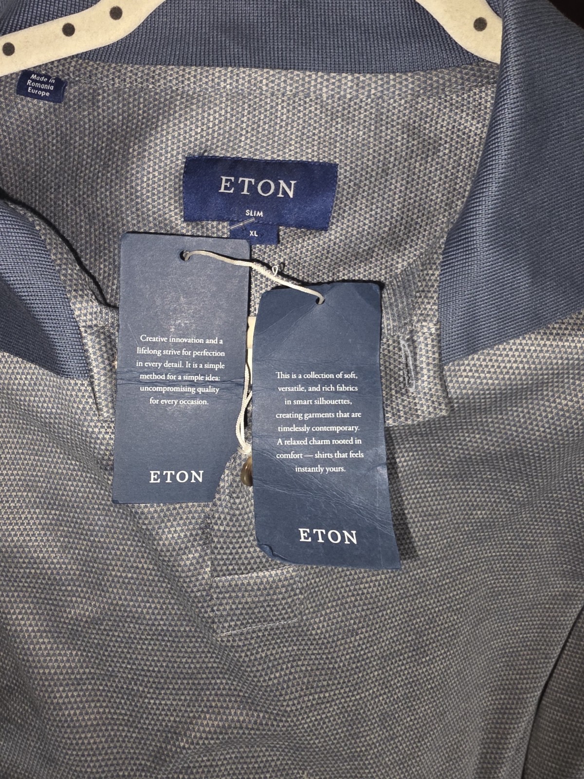 ETON Men’s Slim Fit XL Long Sleeve Microcheck Collared Polo Shirt Blue/Gray
