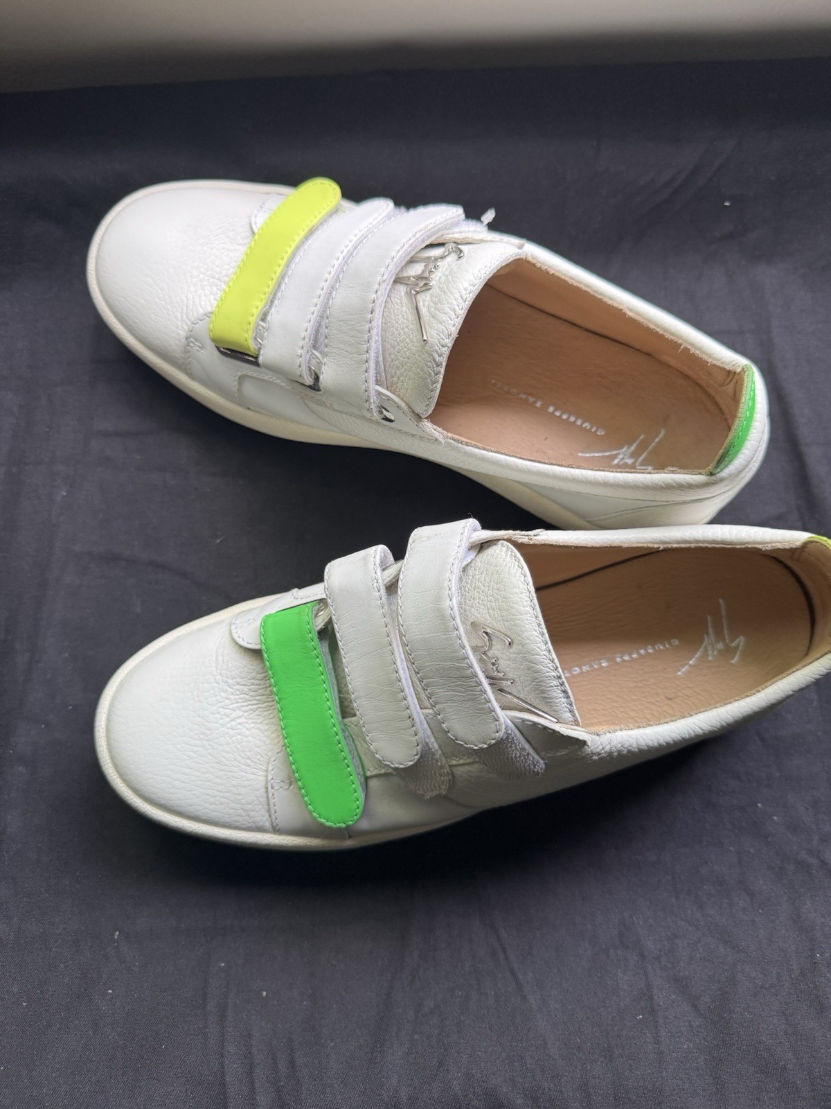 Giuseppe Zanotti Men’s Low Top Hook & Loop Leather Sneakers, White/Green/Yellow