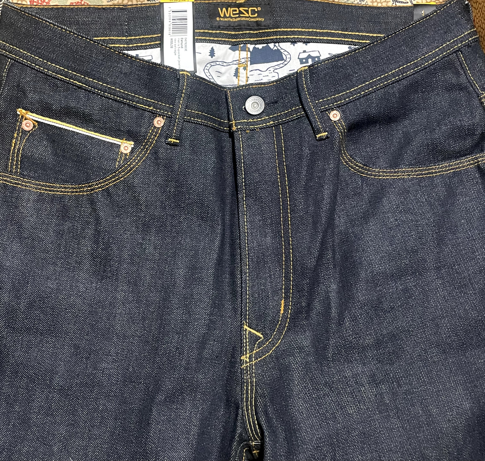 WeSC Esmund Japanese Selvedge Raw Denim 32/32 Mountain Print on inside RARE