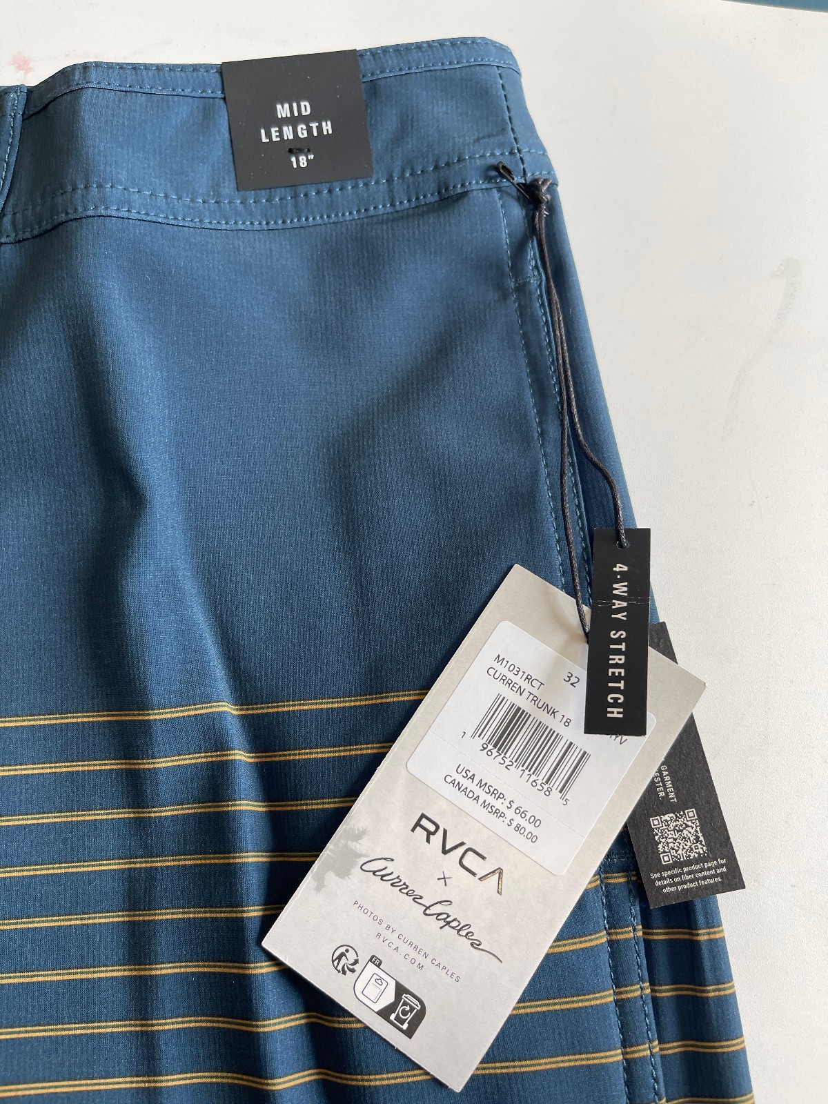 NEW wTAGS, $60 RVCA Swim Trunks, 18″ Mens, Navy/Gold Pinstripe, Drawstring/Zippr