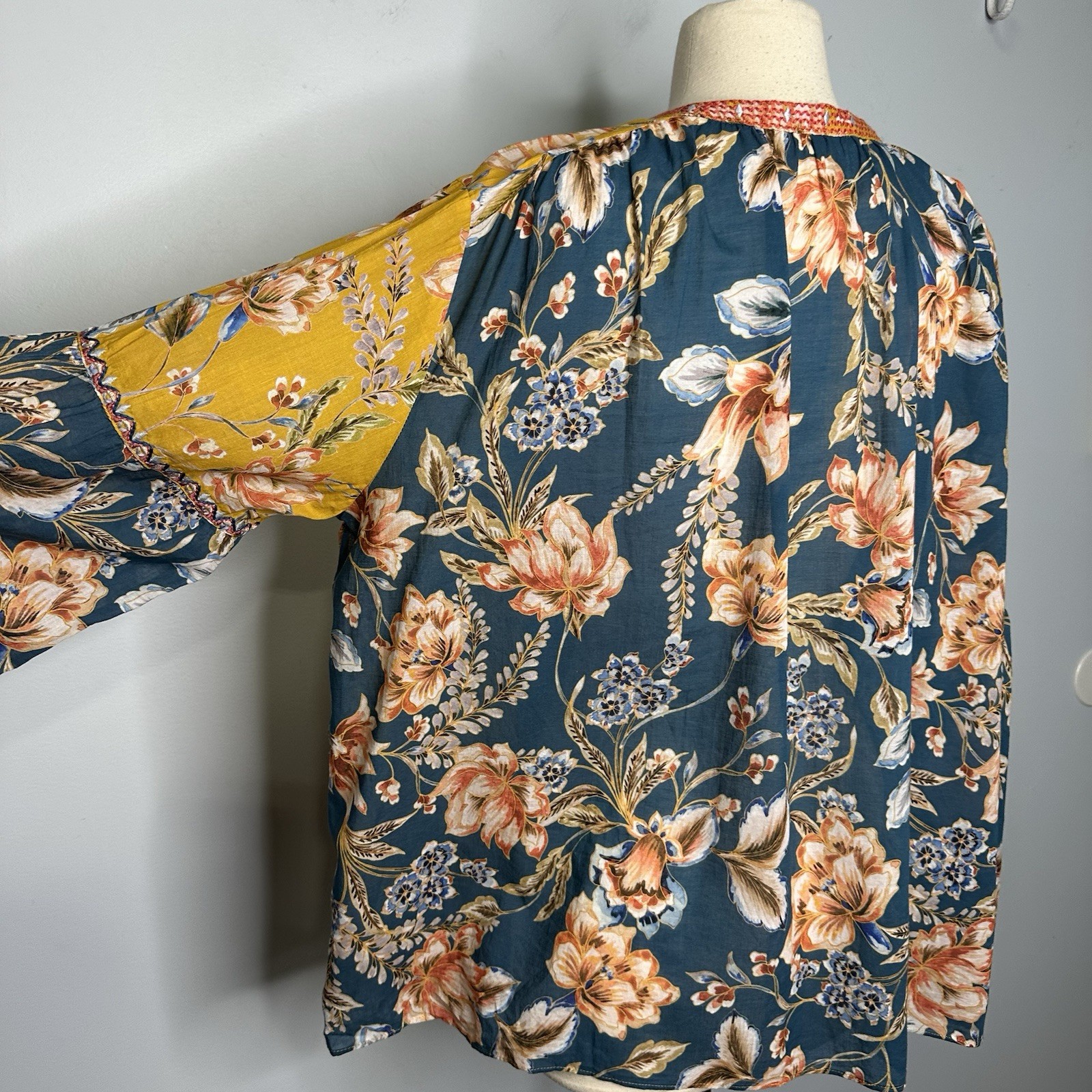 Johnny Was Effortless Peasant Blouse 100% Cotton Mustard Floral Multi Top L/XL
