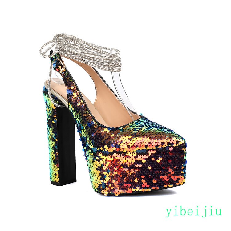 Women’s Detachable Chain High Heel Slingbacks Glitter Sequins Shoes Performance