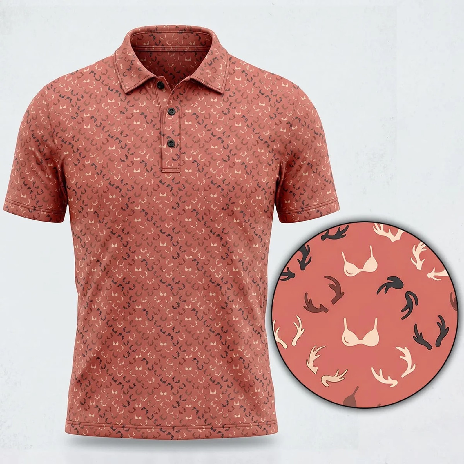 Deer Hunting Antler Mini Print Pink Polo Shirt