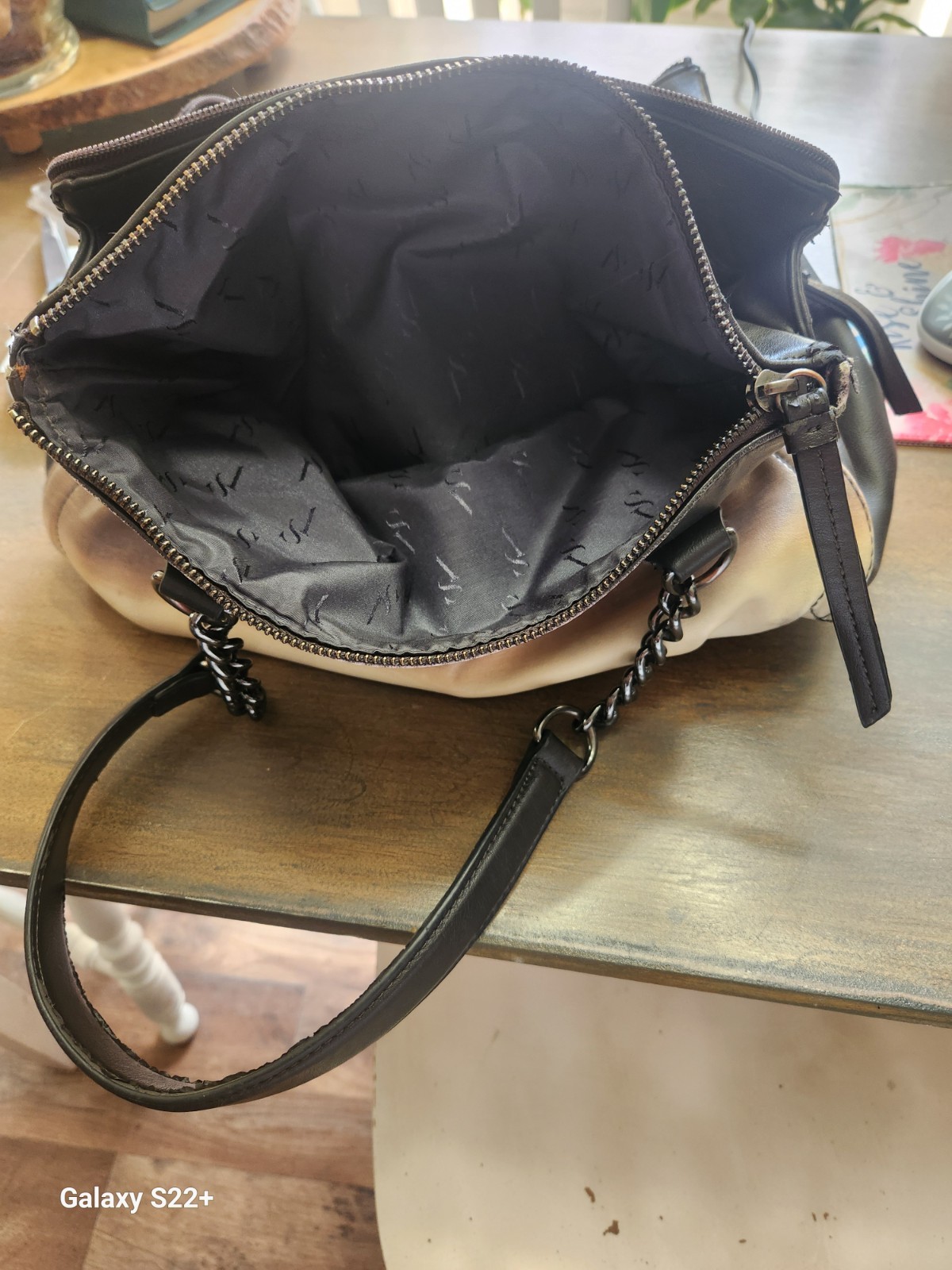 Simply Vera Vera Wang Brown/Black Satchel Top Handle Bag Chain Handles Multi Zip