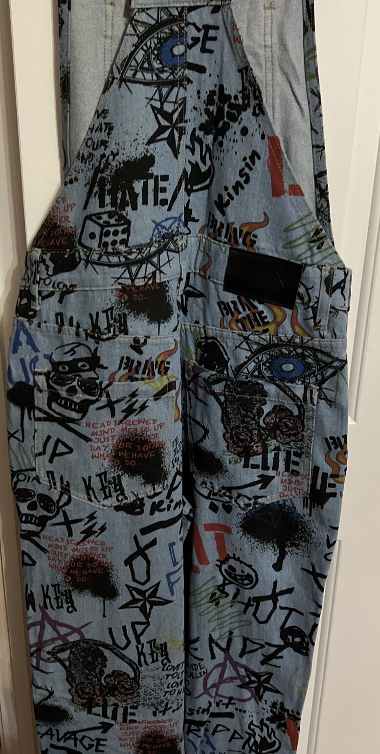 MAN boohooman Denim Graffiti Overalls Size Small