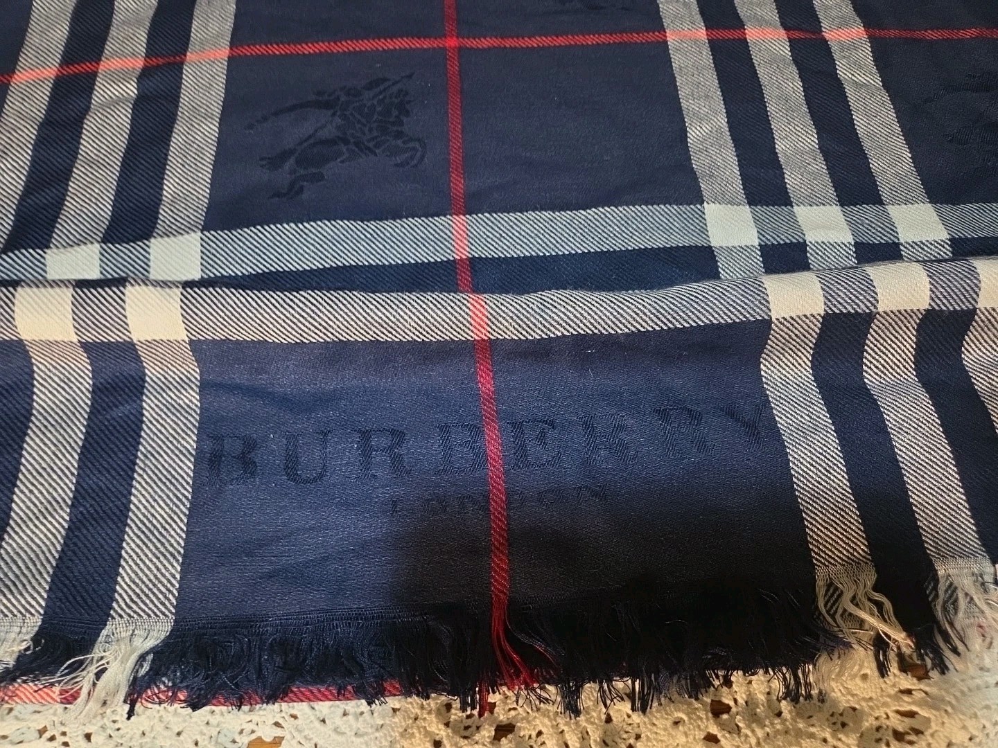 Burberry London Giant Check Wool/Silk Shawl Logo 28×78 Inches Navy Blue Plaid