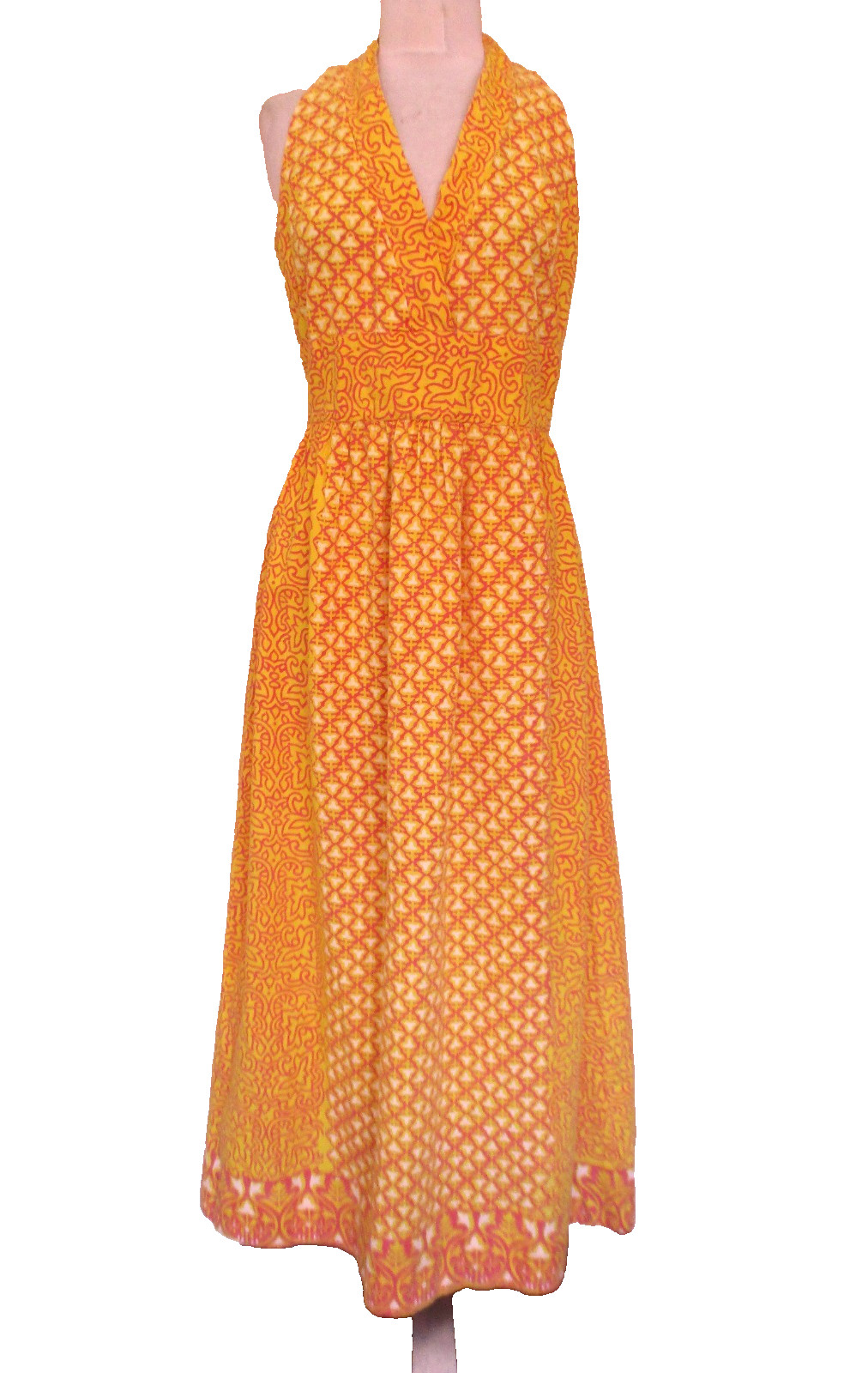 Vintage 1960s India Imports Of Rhode Island Maxi Dress S Women Yellow Red Cotton