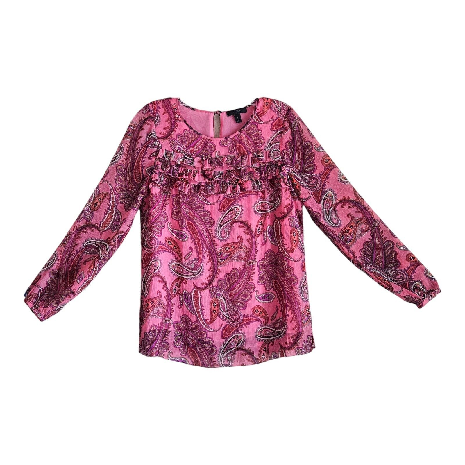J. CREW Women 0 Silk Blouse Top Pink Paisley Ruffles Lined Long Sleeve Bust 34″