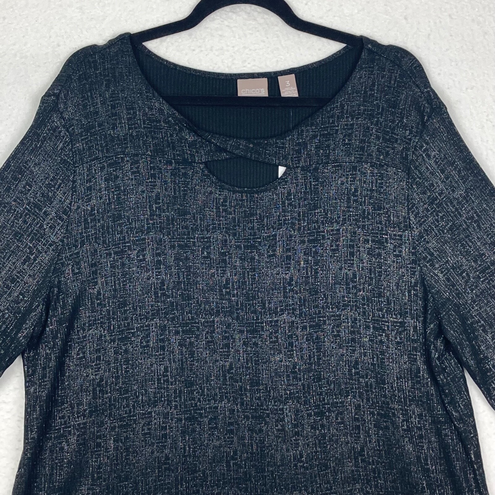 Chico’s Black Twisted Keyhole Foil 3QTR Top LS Fashion Knit Size 3