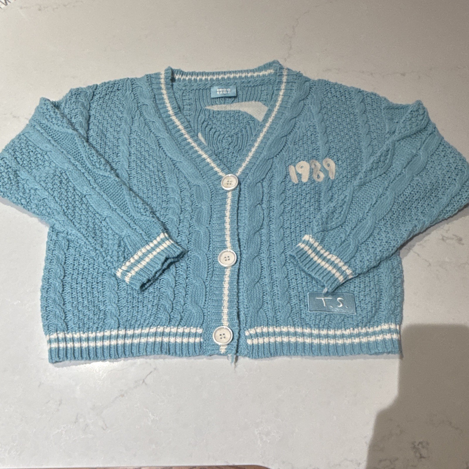 Blue/White Cable-Knit Button-Front V-Neck Cardigan Sweater M 1989 Bird