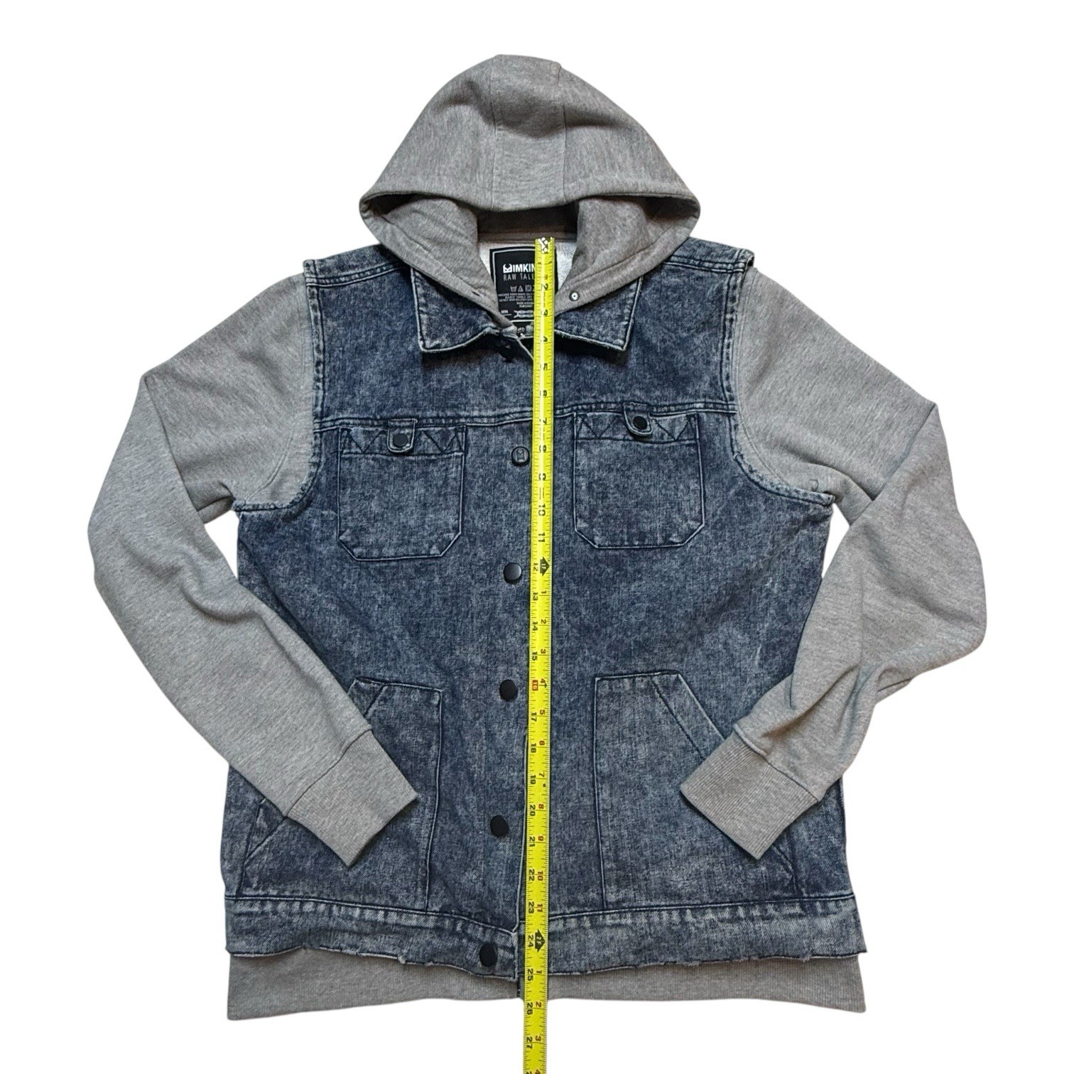 IMKING Hooded Denim Jacket Blue Gray Button Logo Zipper Men’s Size M