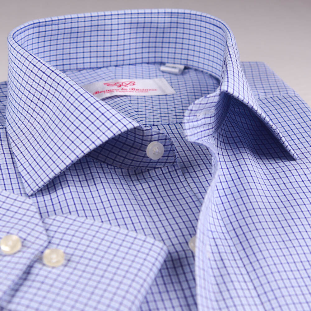Light Blue Mens Formal Business Dress Shirt Plaids & Checks With Standard Cuff