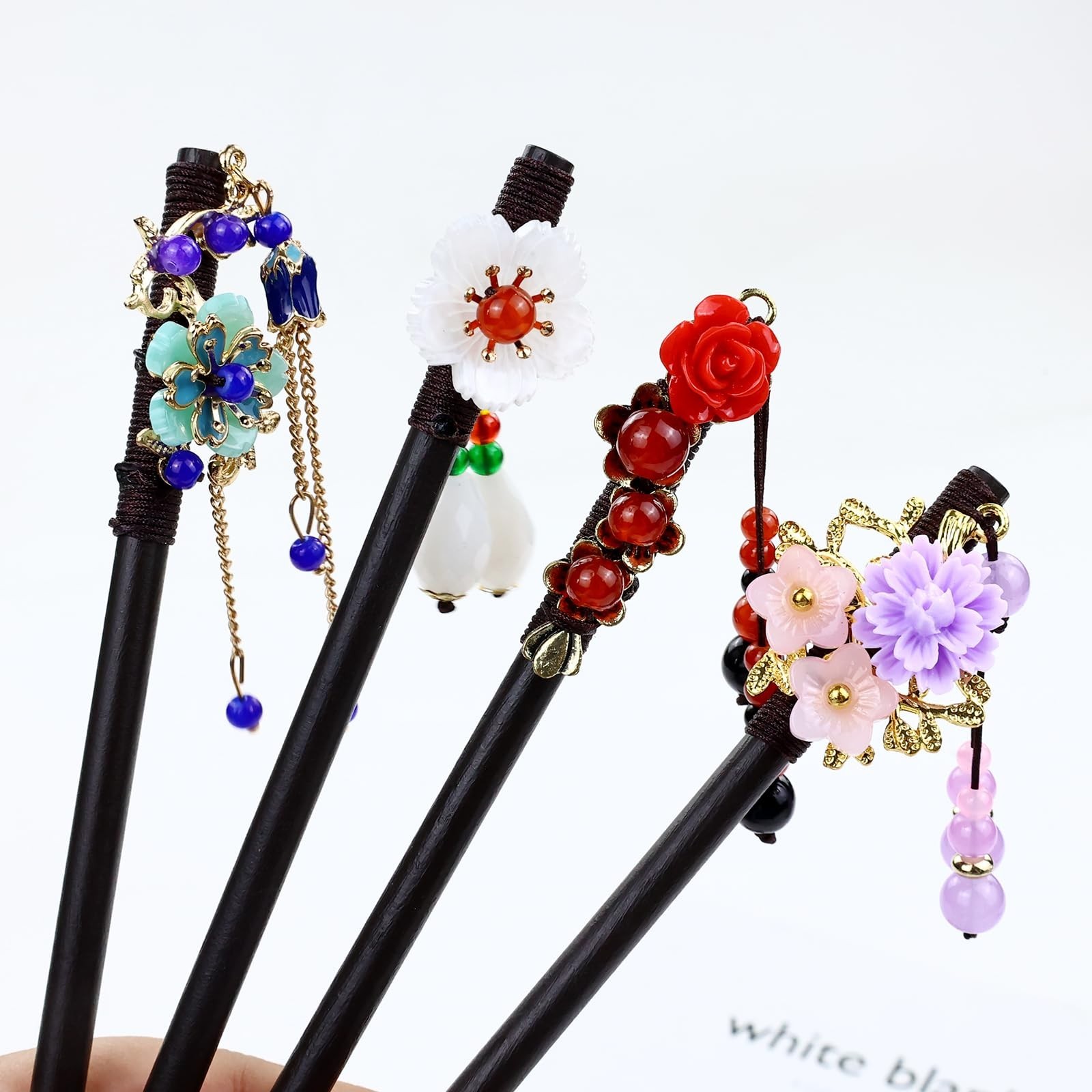8 Vintage Retro Asian Hair Sticks – Chinese Japanese Wooden Hair Pins with Beads