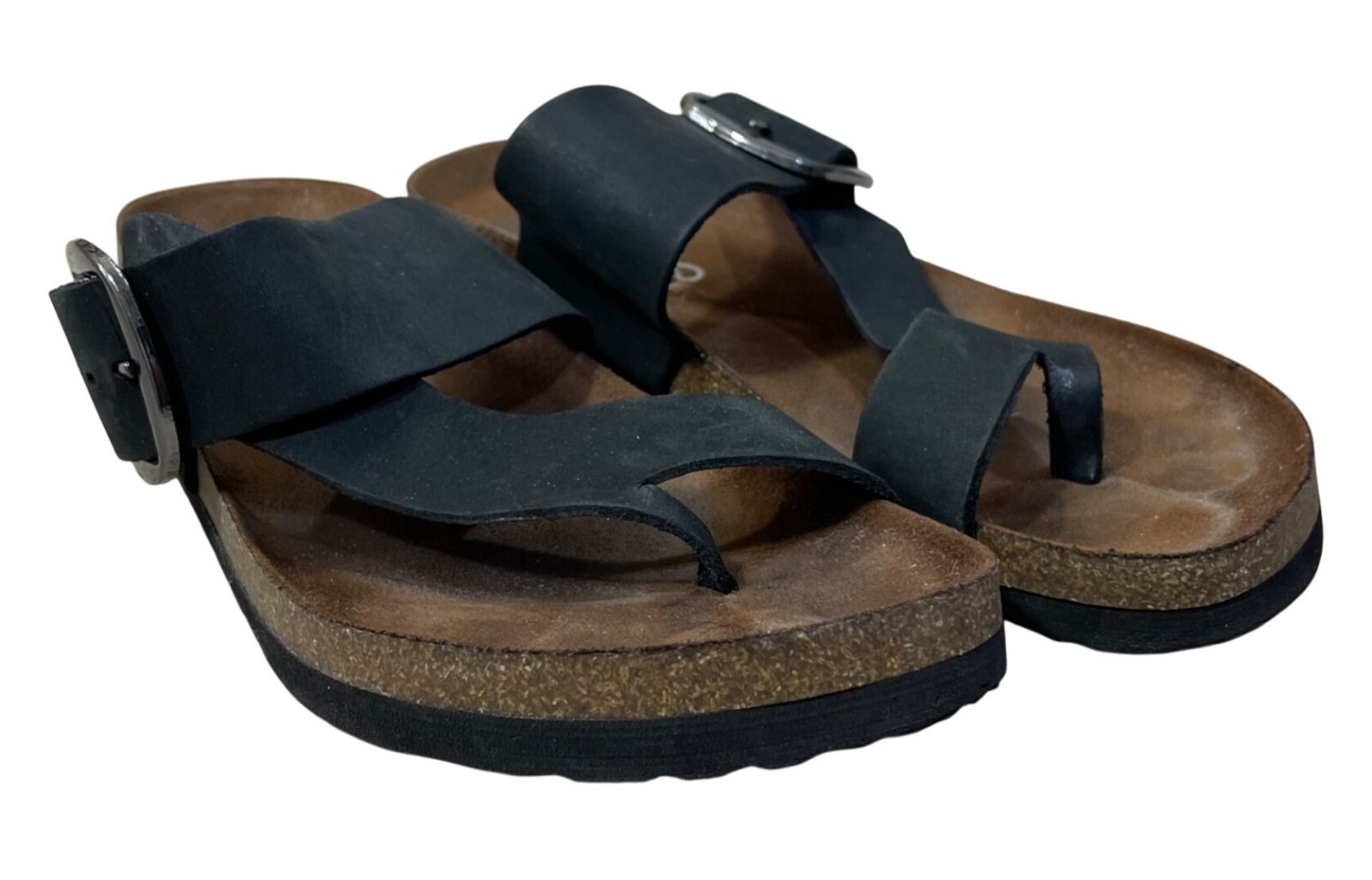 Mountain Sole Leather Sandal Black Toe Loop Silver Buckle Size 8 (READ)