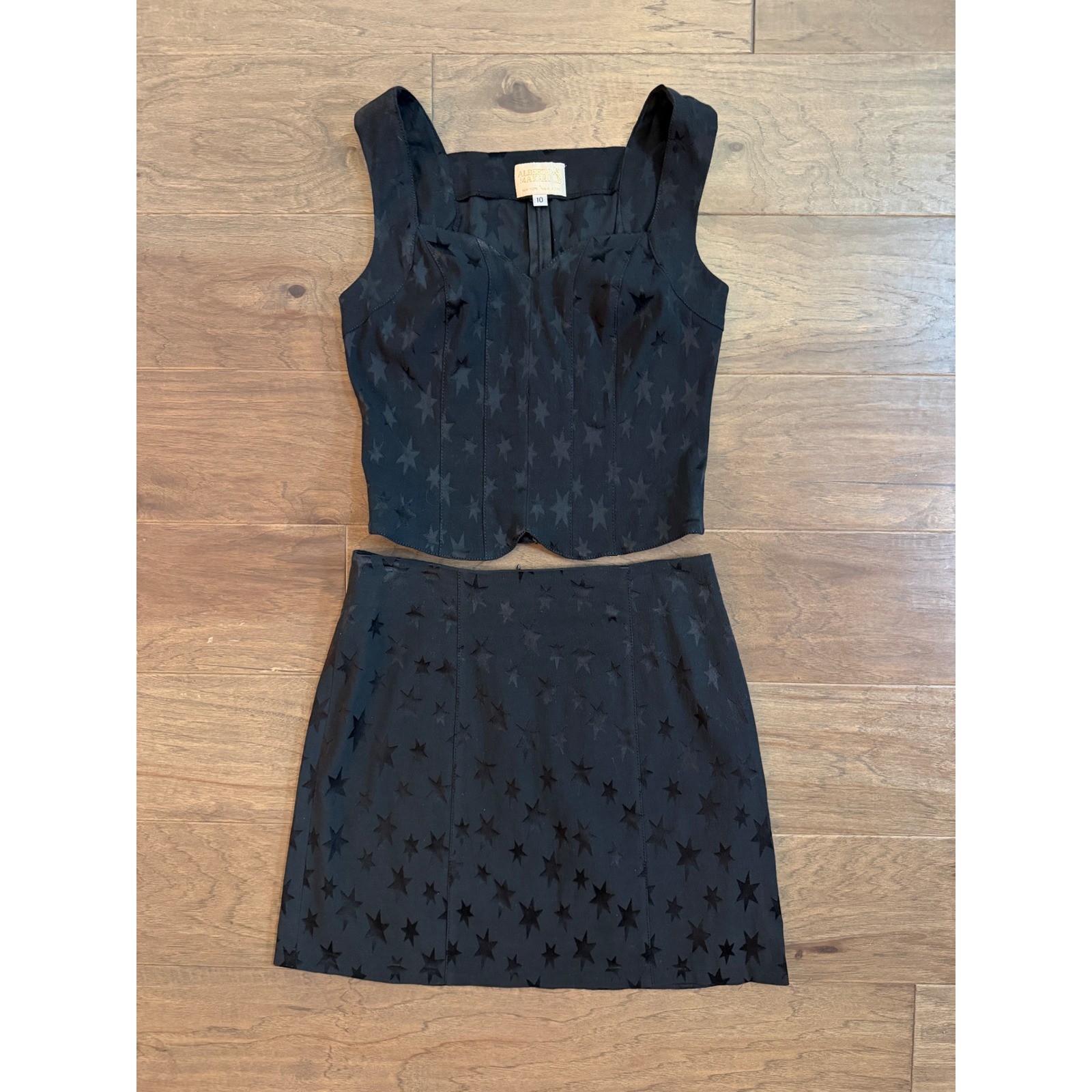 Vintage Alberto Makali Black Star Jacquard Corset Top and Mini Skirt Set Size 10