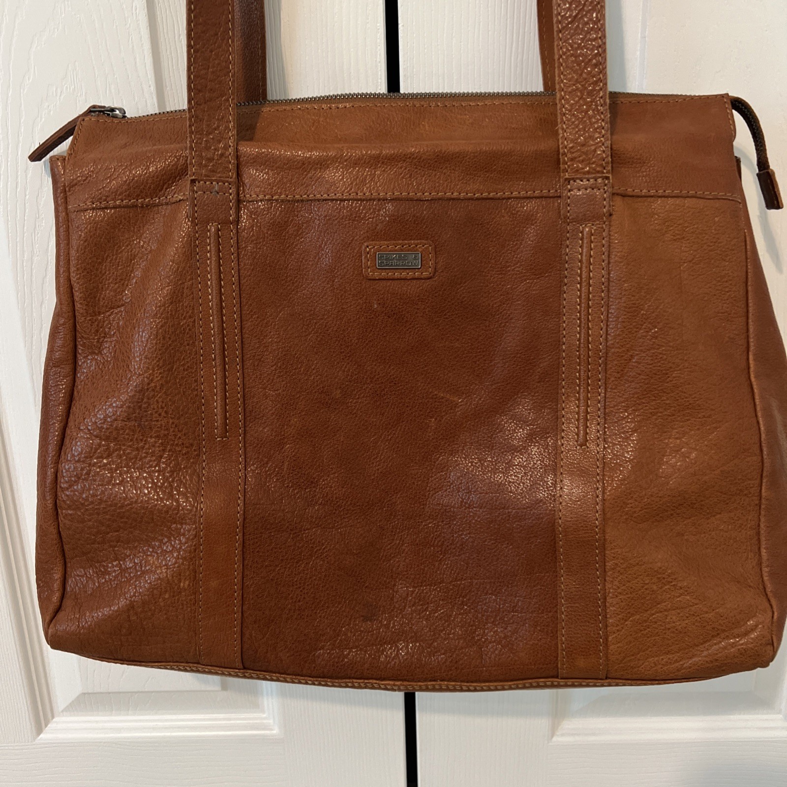Spikes & Sparrow brown genuine leather laptop shoulder bag various pockets