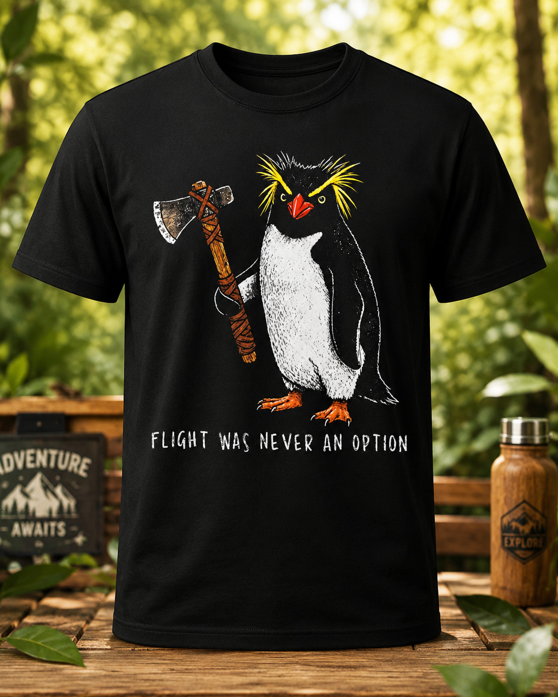 Flight Was Never An Option Funny Penguin With Knife Meme Novelty Men’s T-Shirt