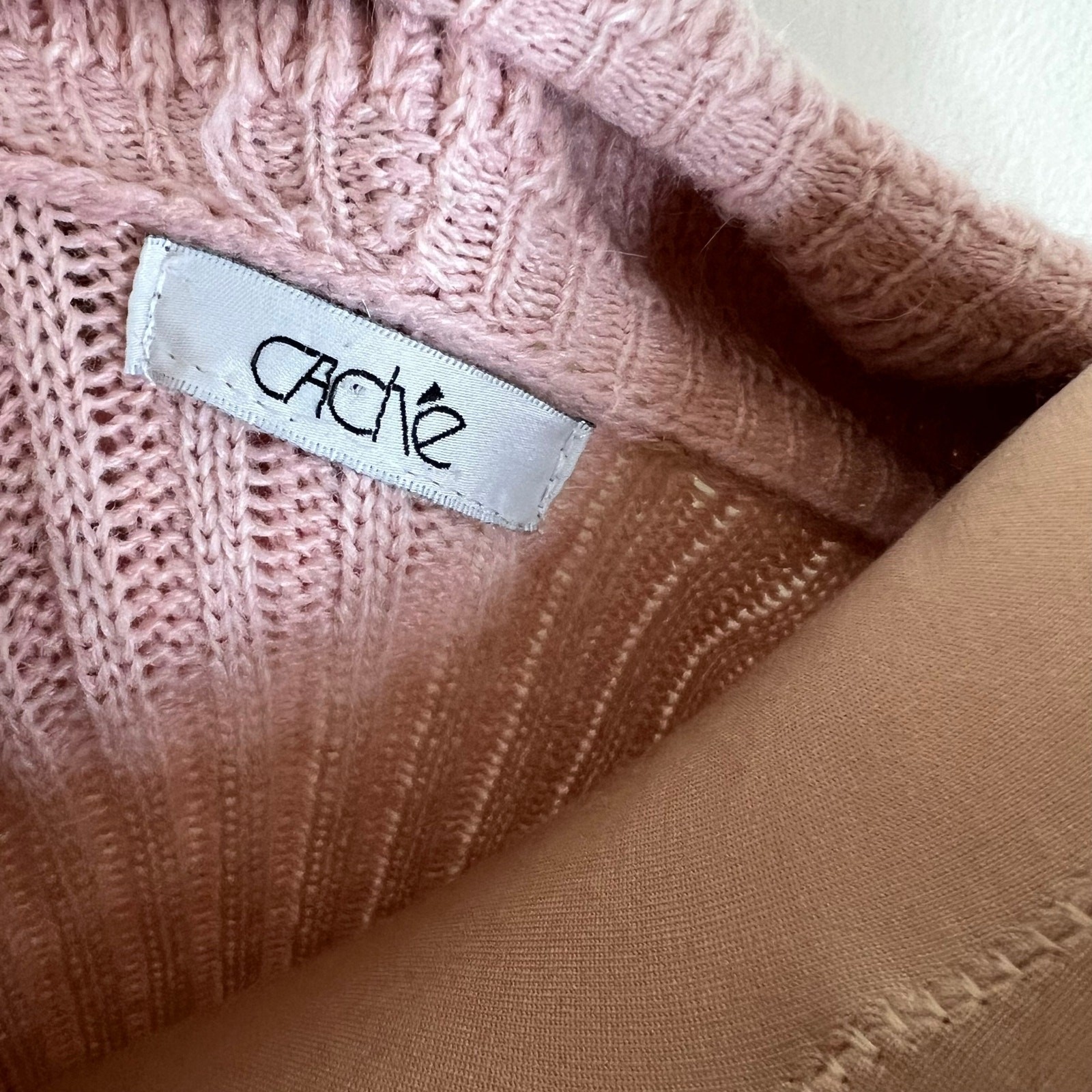 Cache Wool Blend Cardigan S/M Women Pink Angora Tie Front Ruffle Chunky Rib Knit