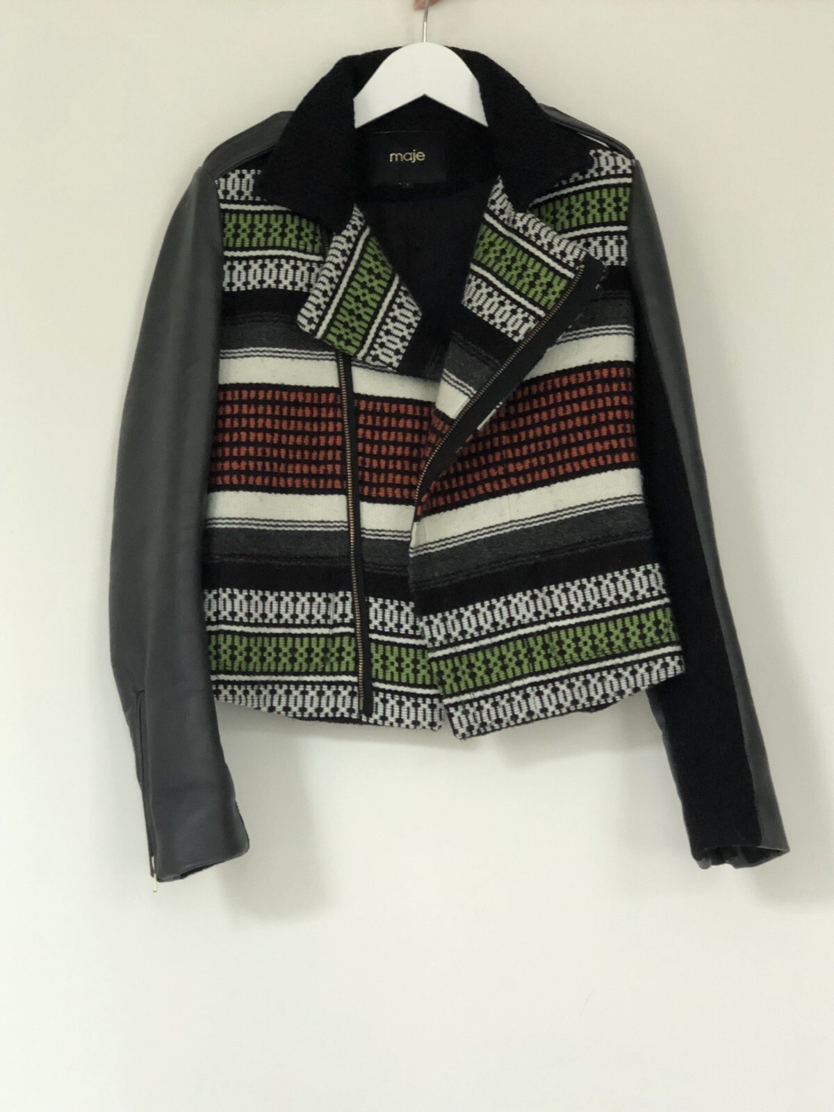 Maje Samy Leather & Jacquard Biker Jacket Size 1 (UK 8) NEVER WORN