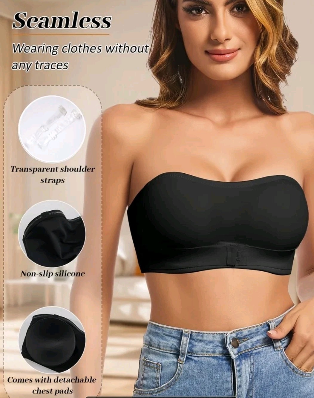 3pcs Detachable Padded Wireless Strapless Bra Women’s Size XL