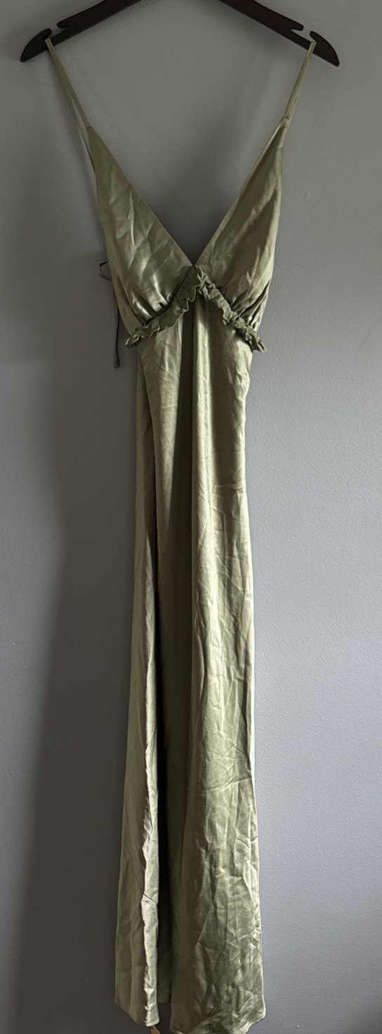 Reformation Madrigal Artichoke Green Satin Maxi Slip Dress Tie Strap Size M New
