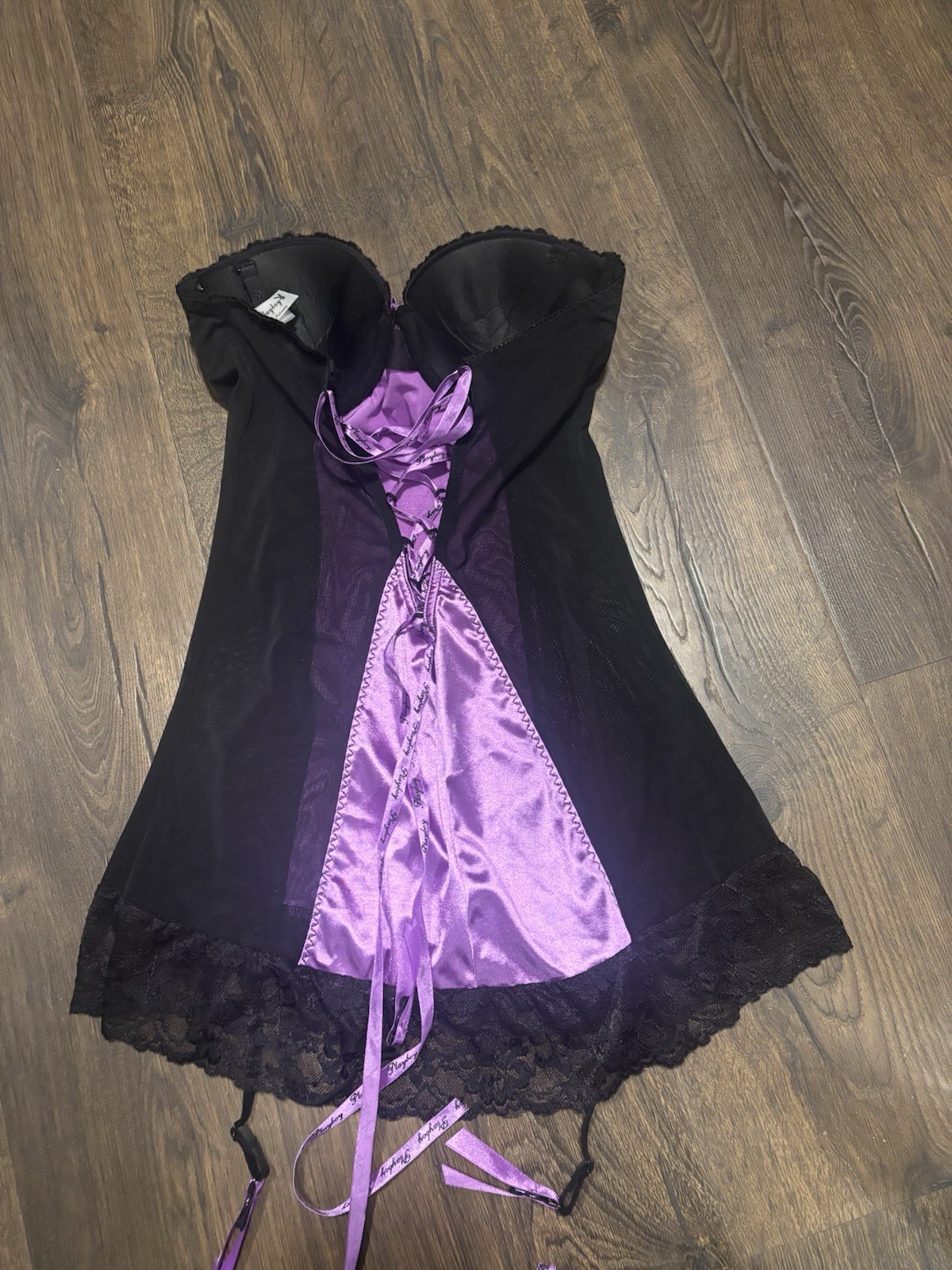 Playboy Black & Purple Lace Bustier S/M Underwire Garter Straps Lace-Up