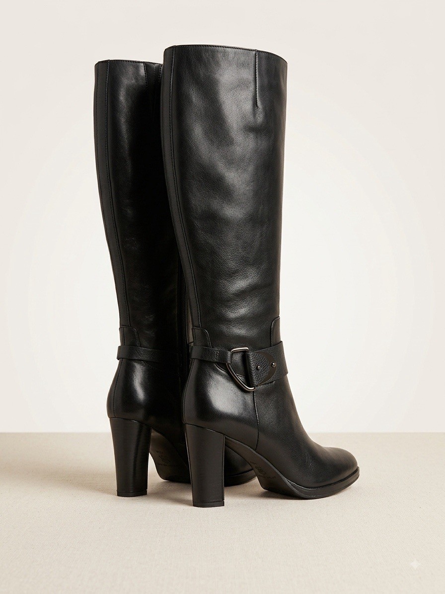 Antonio Melani Black Leather Knee High Zip Boots Buckle Accent Womens 7.5M